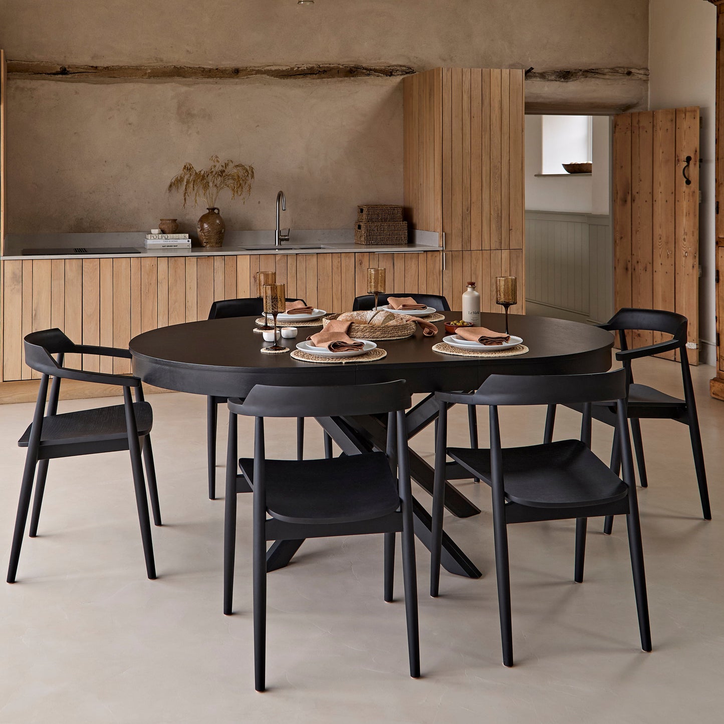 Amelia Black Oak Oval Extending Dining Table Set - 6 Seater - Carter Black Oak Dining Armchairs - Laura James