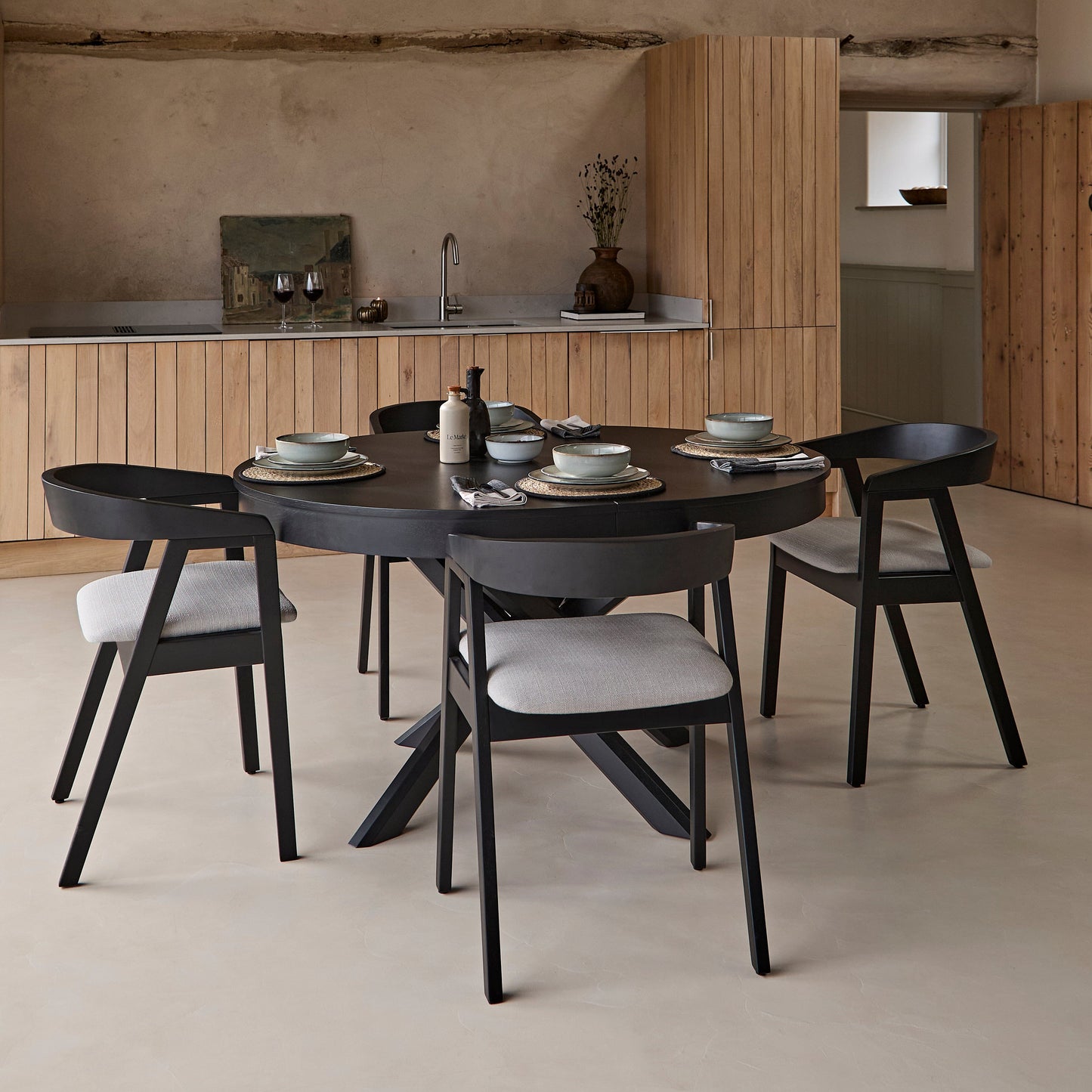 Amelia_Oval_140-180cm_Extending_Dining_Table_Black_Oak_and_Ella_Carver_Dining_Chair_Fawn_Linen-11 - Laura James