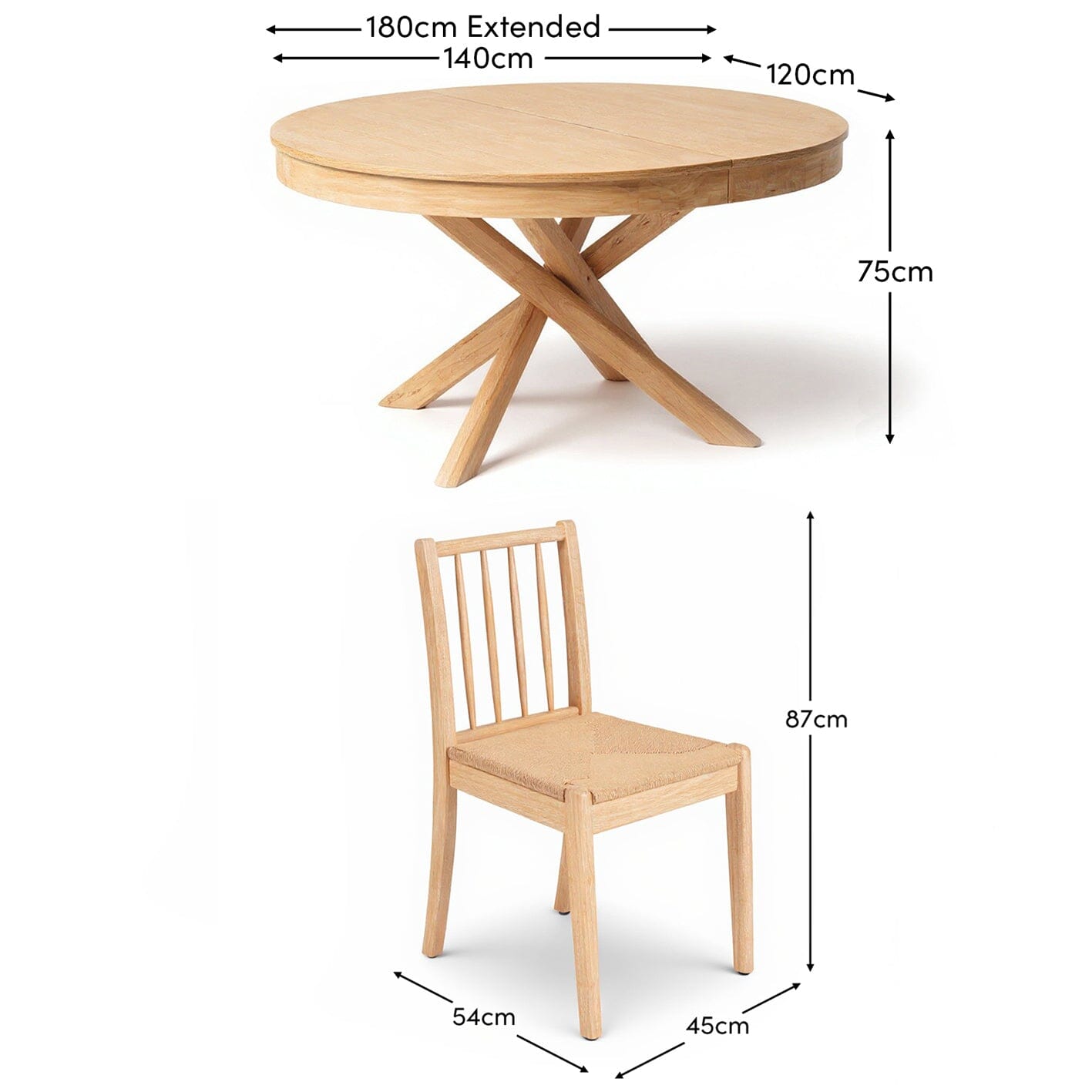 Amelia Extendable Whitewash Oval Dining Table Set - 6 Seater - Tilly Natural String Dining Chairs - Whitewash Oak Legs - Laura James