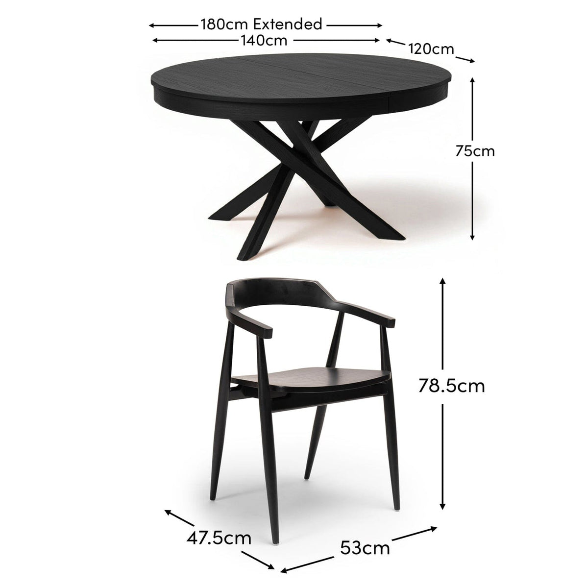 Amelia Black Oak Oval Extending Dining Table Set - 6 Seater - Carter Black Oak Dining Armchairs - Laura JAMES
