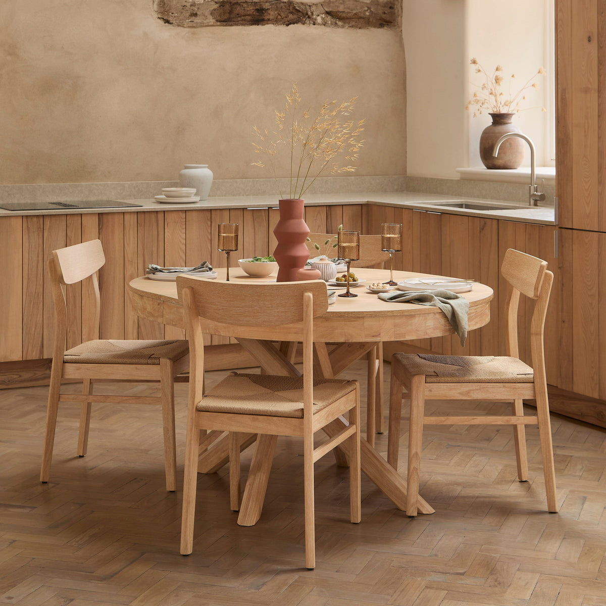 Amelia Extendable Whitewash Oval Dining Table Set - 4 Seater - Faye Dining Chairs - Whitewash Oak Legs - Laura James