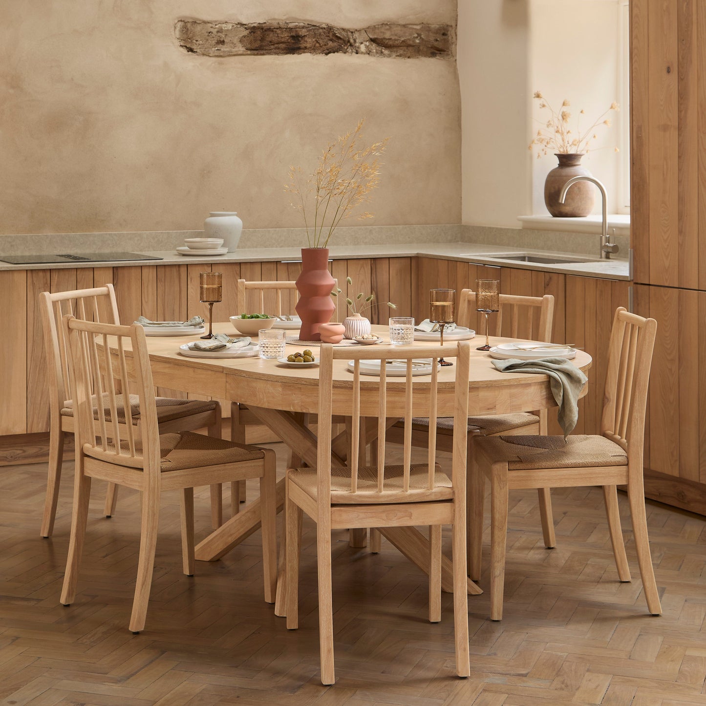 Amelia Extendable Whitewash Oval Dining Table Set - 6 Seater - Tilly Natural String Dining Chairs - Whitewash Oak Legs - Laura James