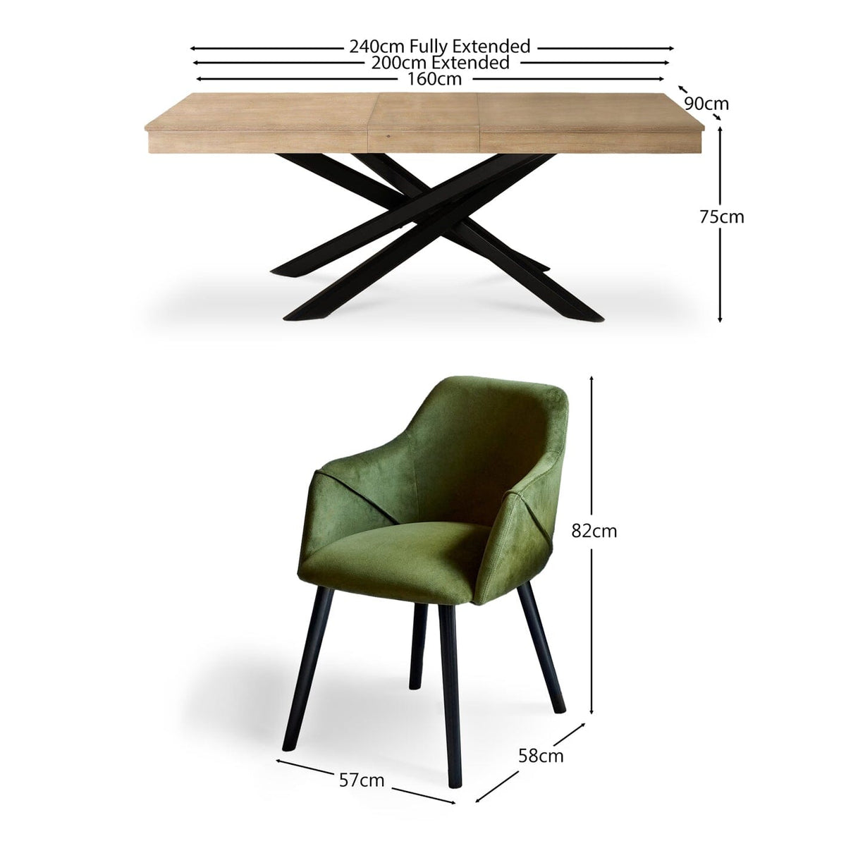 Amelia Whitewash Extendable Dining Table Set - 6 Seater - Fern Green Carver Chairs with Black Legs - Laura James