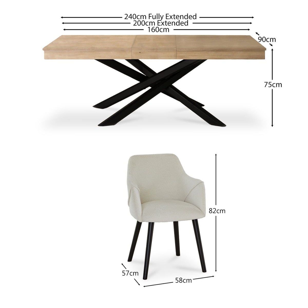 Amelia Whitewash Extendable Dining Table Set - 6 Seater - Freya Boucle Carver Chairs with Black Legs - Laura James