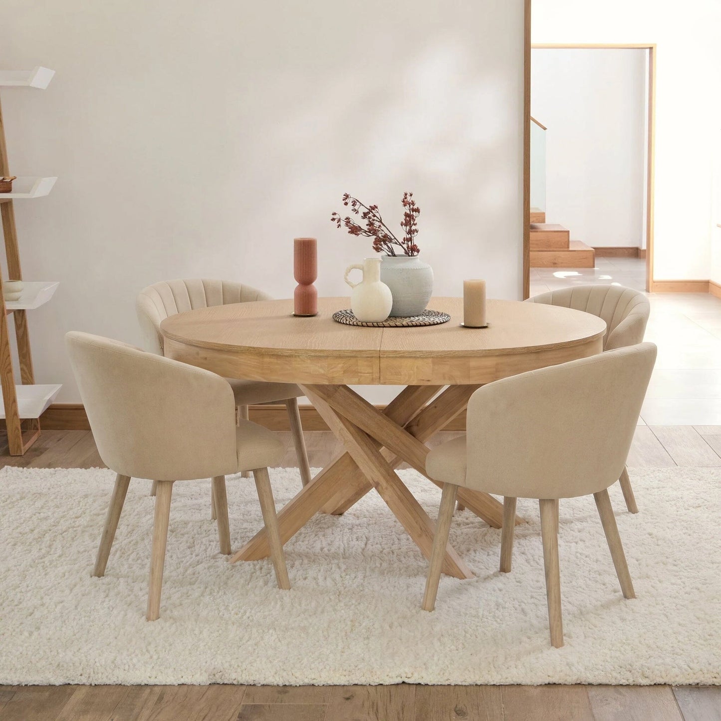 Arabella Natural Beige Dining Chair - Set of 2 - Whitewash Oak Legs + Amelia Whitewash Oval Extending Dining Table Set - 4 Seater - Laura James