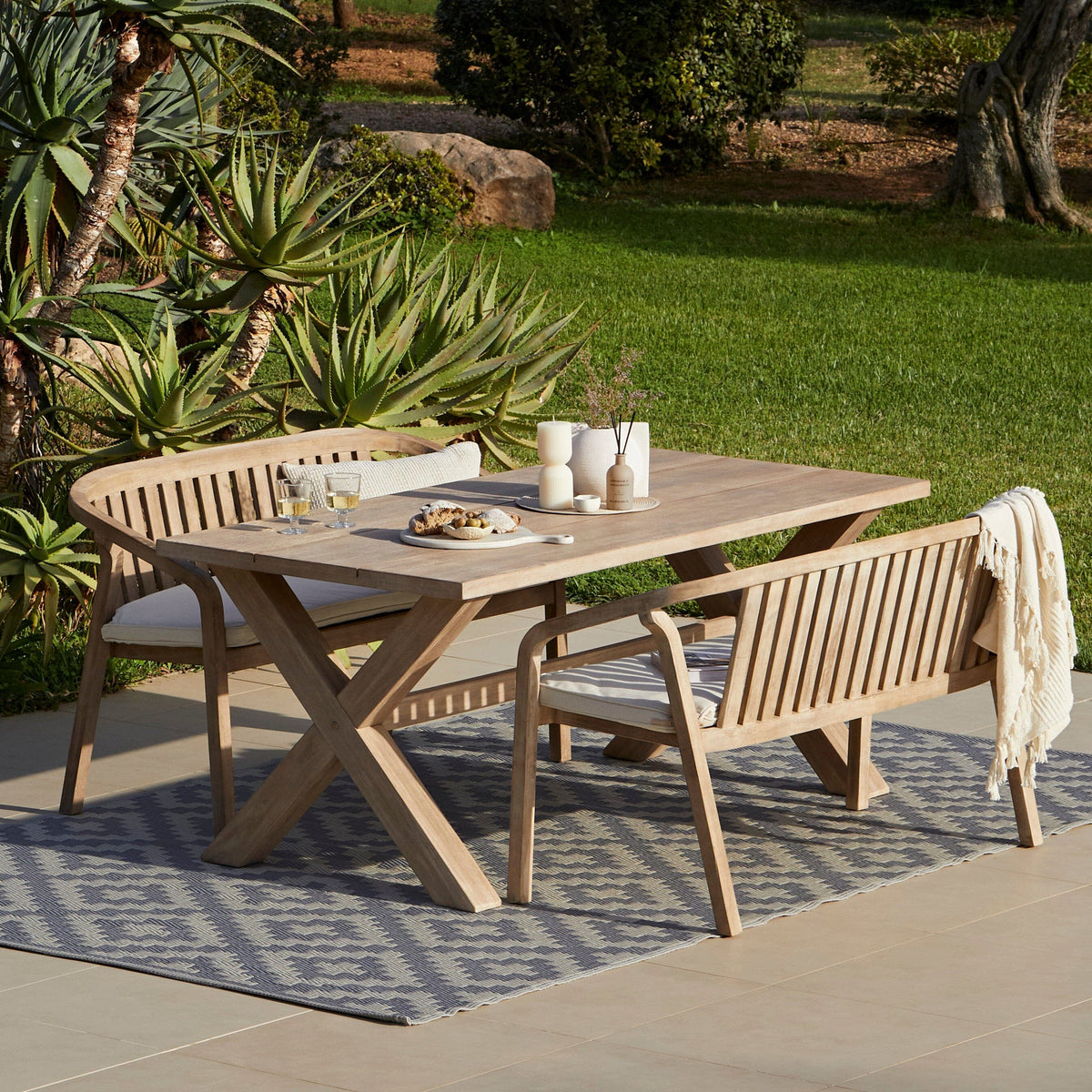 Charlotte 6 Seater Wooden Garden Dining Set with Shiro Cushioned Benches - Laura James