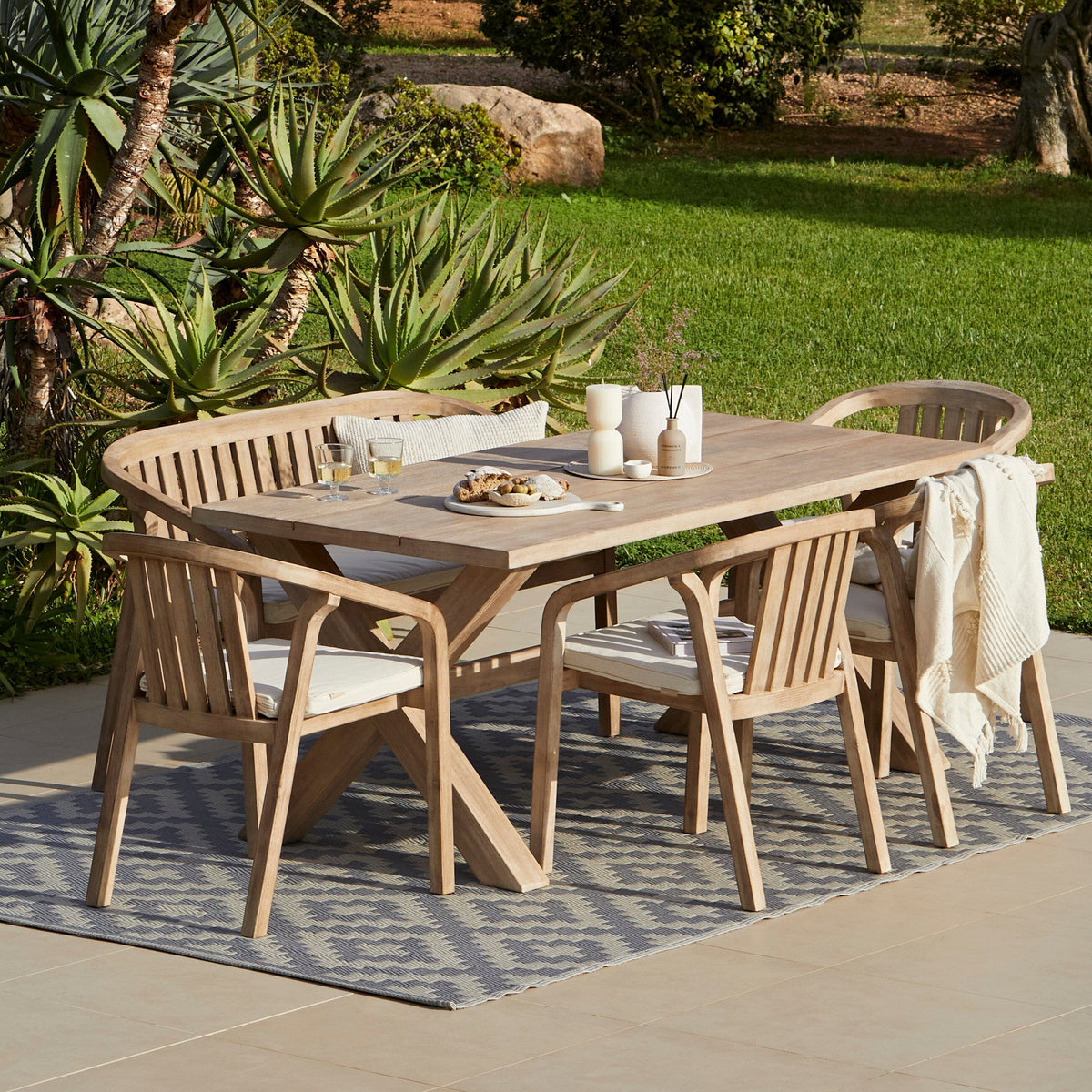 Charlotte 6 Seater Wooden Garden Dining Set with 4 Shiro Cushioned Chairs & Bench - Laura James
