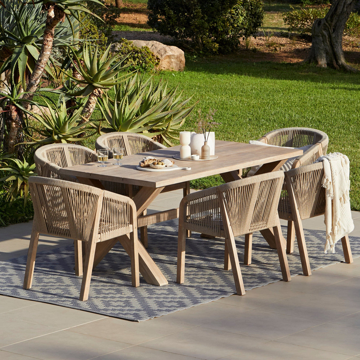 Charlotte 6 Seater Wooden Garden Dining Set with 6 Nala Sand Chairs - Laura James