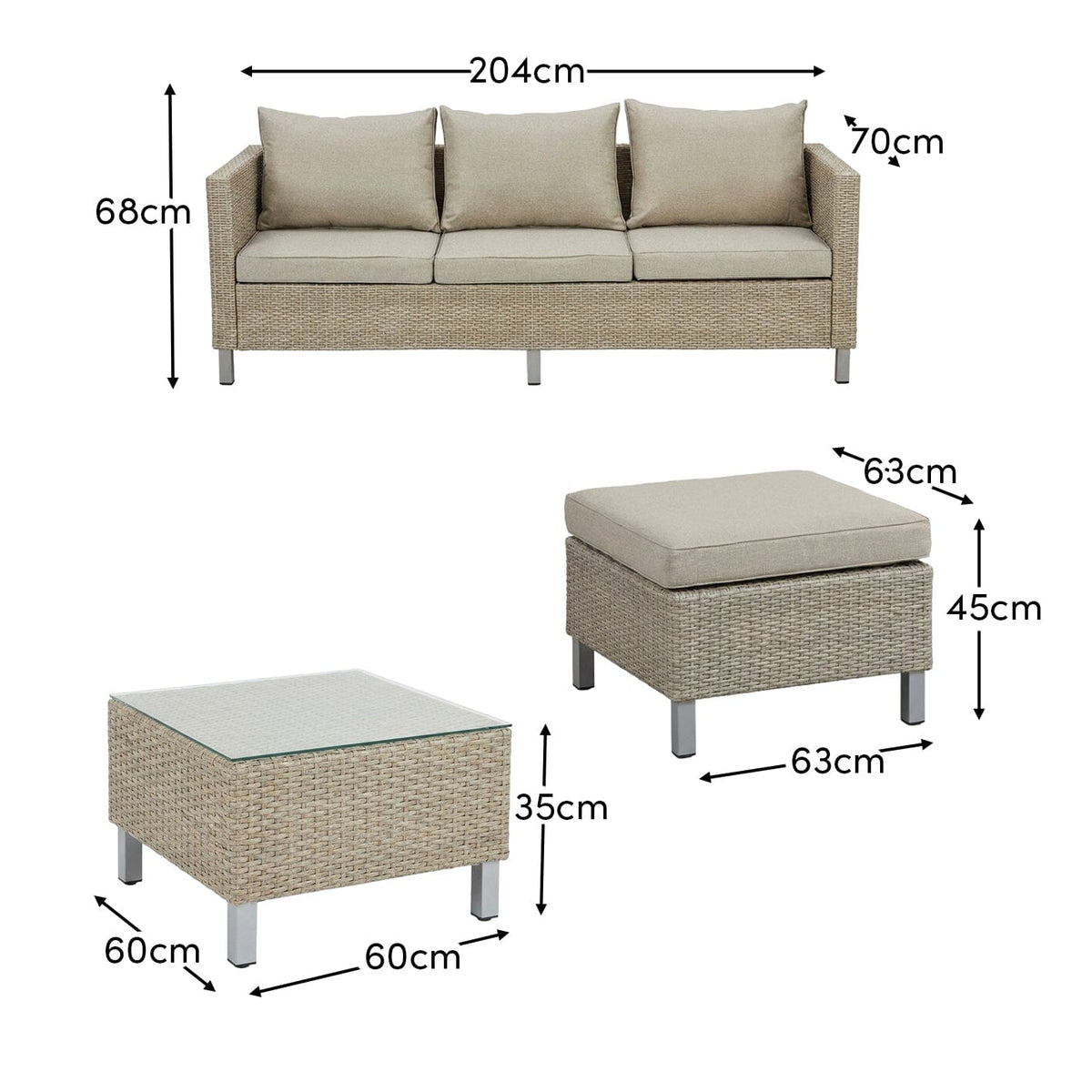 Aria 3 Seater Rattan Sofa Set with Footstool and Coffee Table - Light Grey - Laura James
