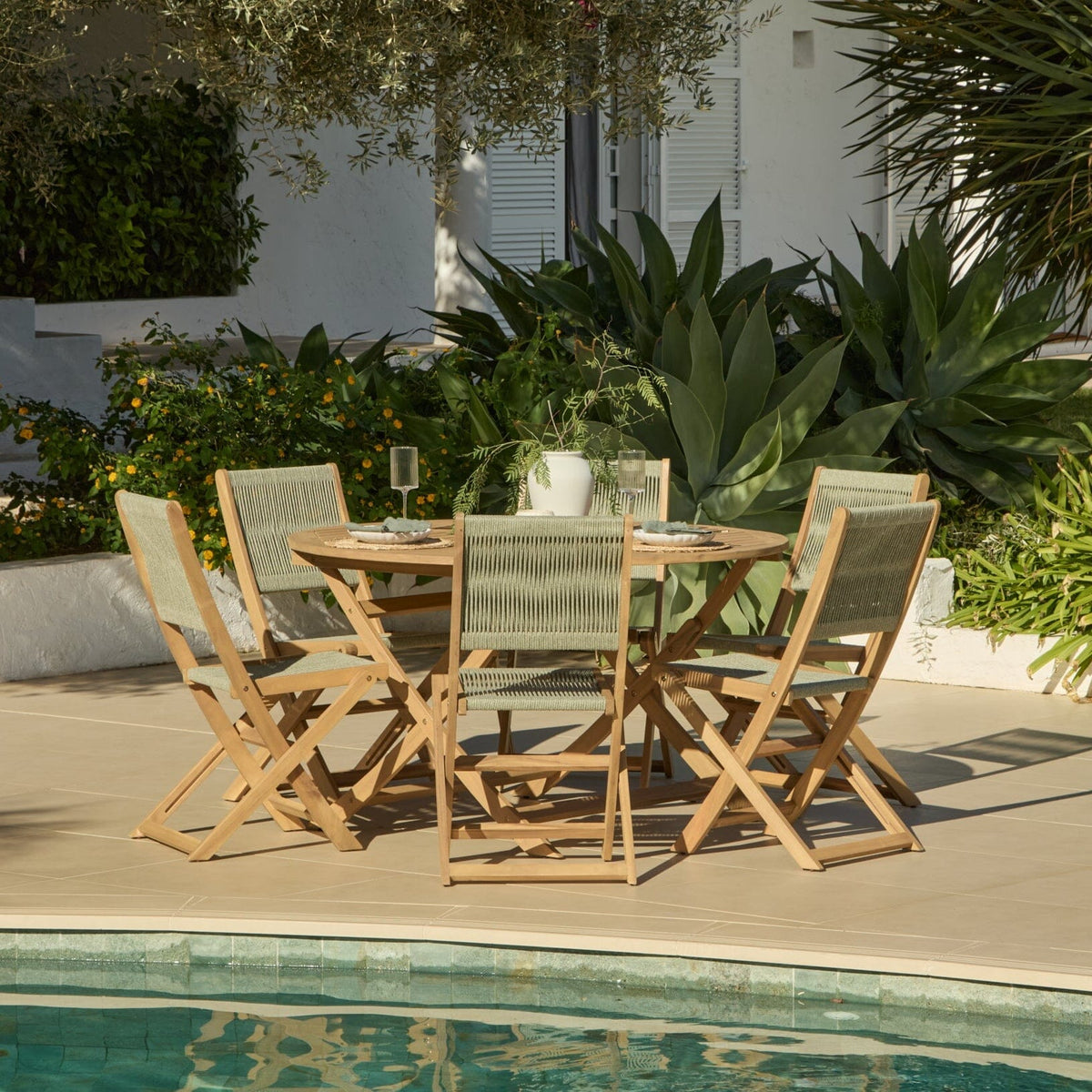 Ashby 6 Seater White Acacia Garden Dining Set with Cove Green Rope Chairs - 130cm - Laura James