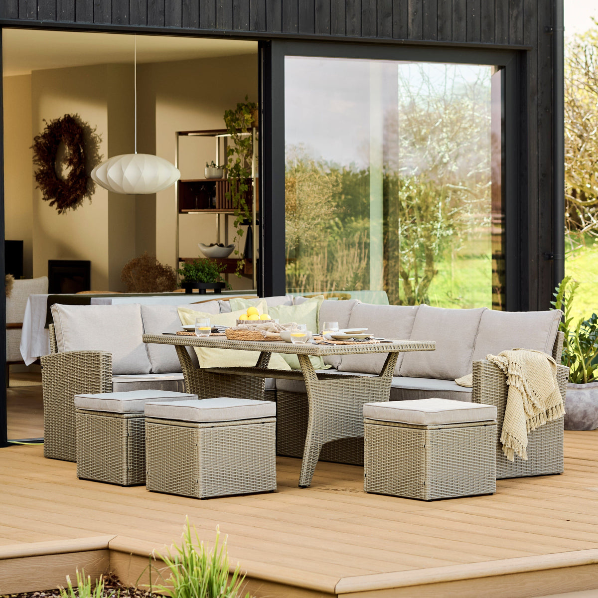 Aston 9 Seater Rattan Garden Corner Dining Set - Light Grey with Polywood Top - Laura James