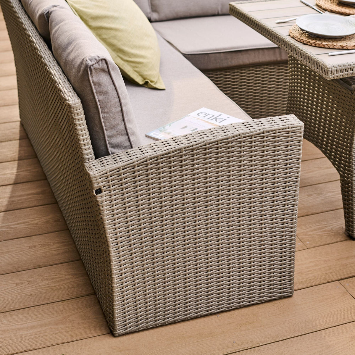 Aston 9 Seater Rattan Garden Corner Dining Set - Light Grey with Polywood Top - Laura James