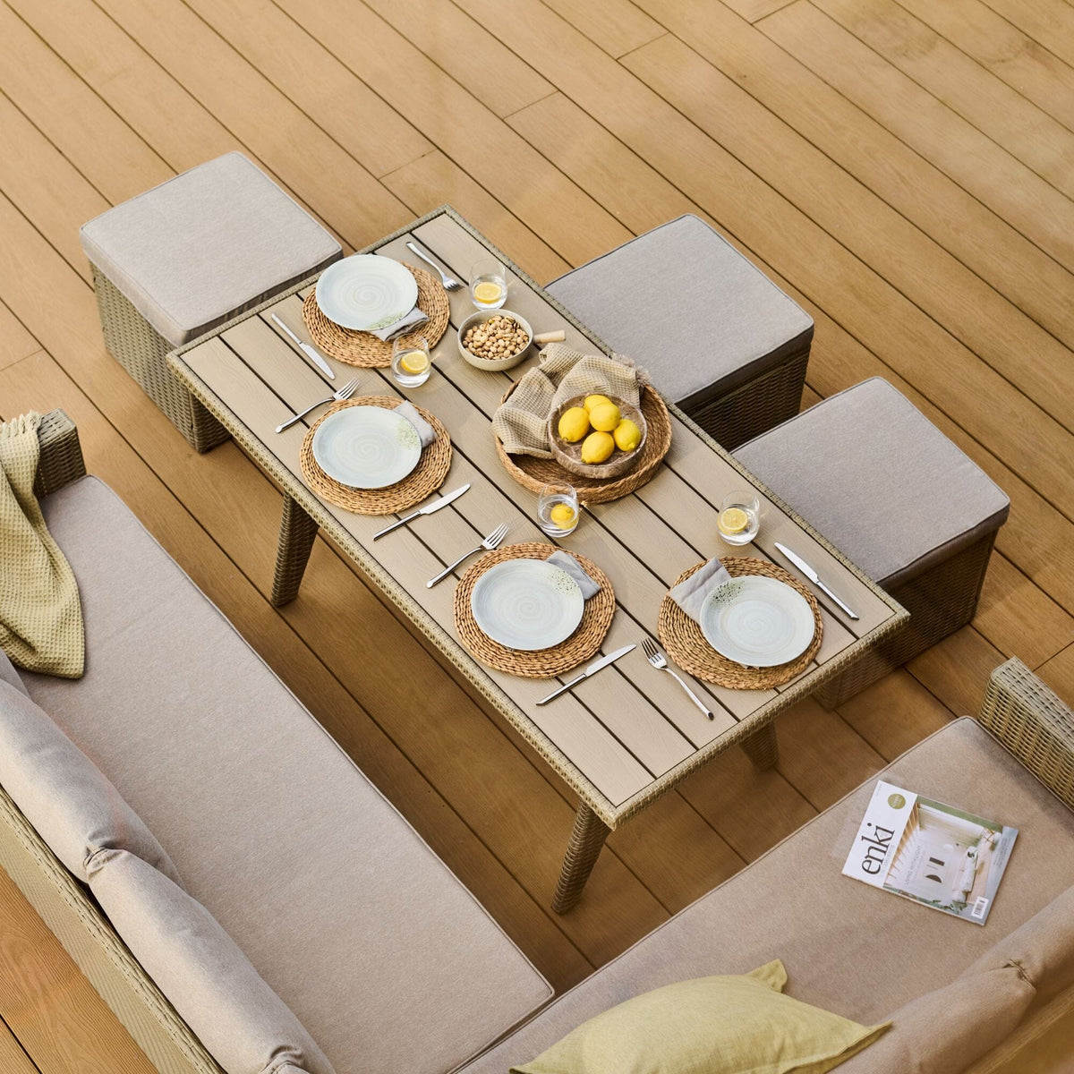 Aston 9 Seater Rattan Garden Corner Dining Set - Light Grey with Polywood Top - Laura James