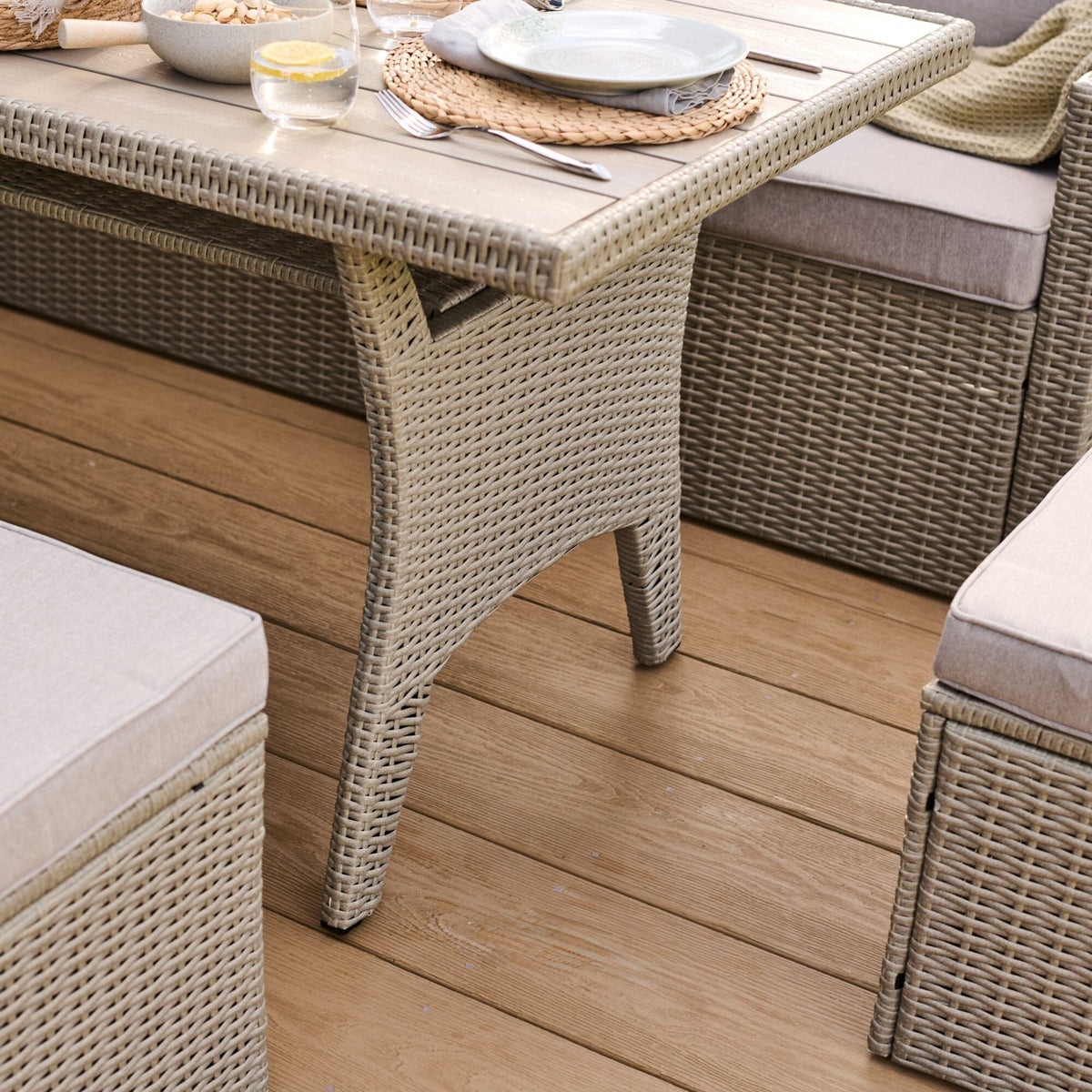Aston 9 Seater Rattan Garden Corner Dining Set - Light Grey with Polywood Top - Laura James