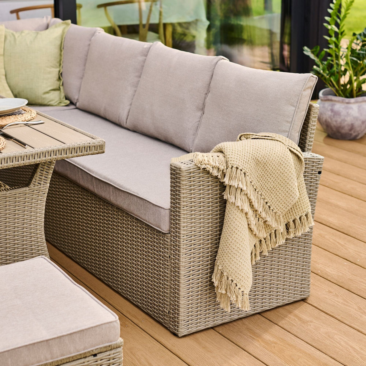Aston 9 Seater Rattan Garden Corner Dining Set - Light Grey with Polywood Top - Laura James