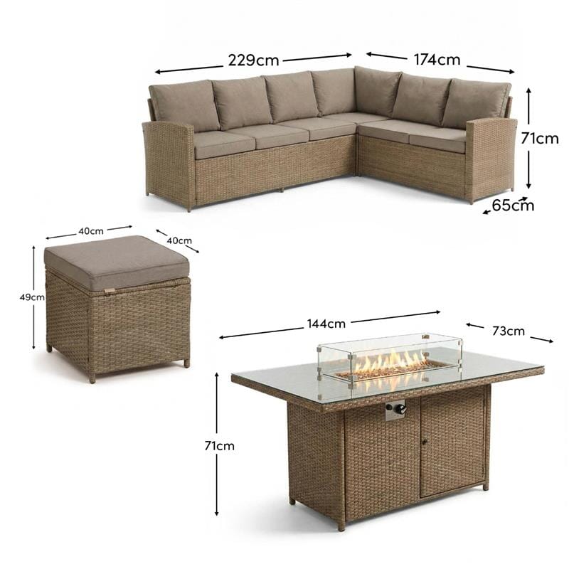 Aston 9 Seater Rattan Garden Corner Sofa Set with Fire Pit - Brown Weave - Laura James