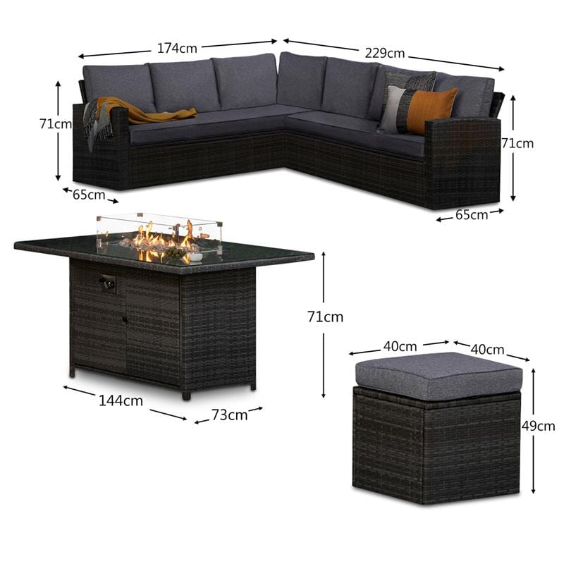 Aston 9 Seater Rattan Garden Corner Sofa Set with Firepit - Grey - Laura James