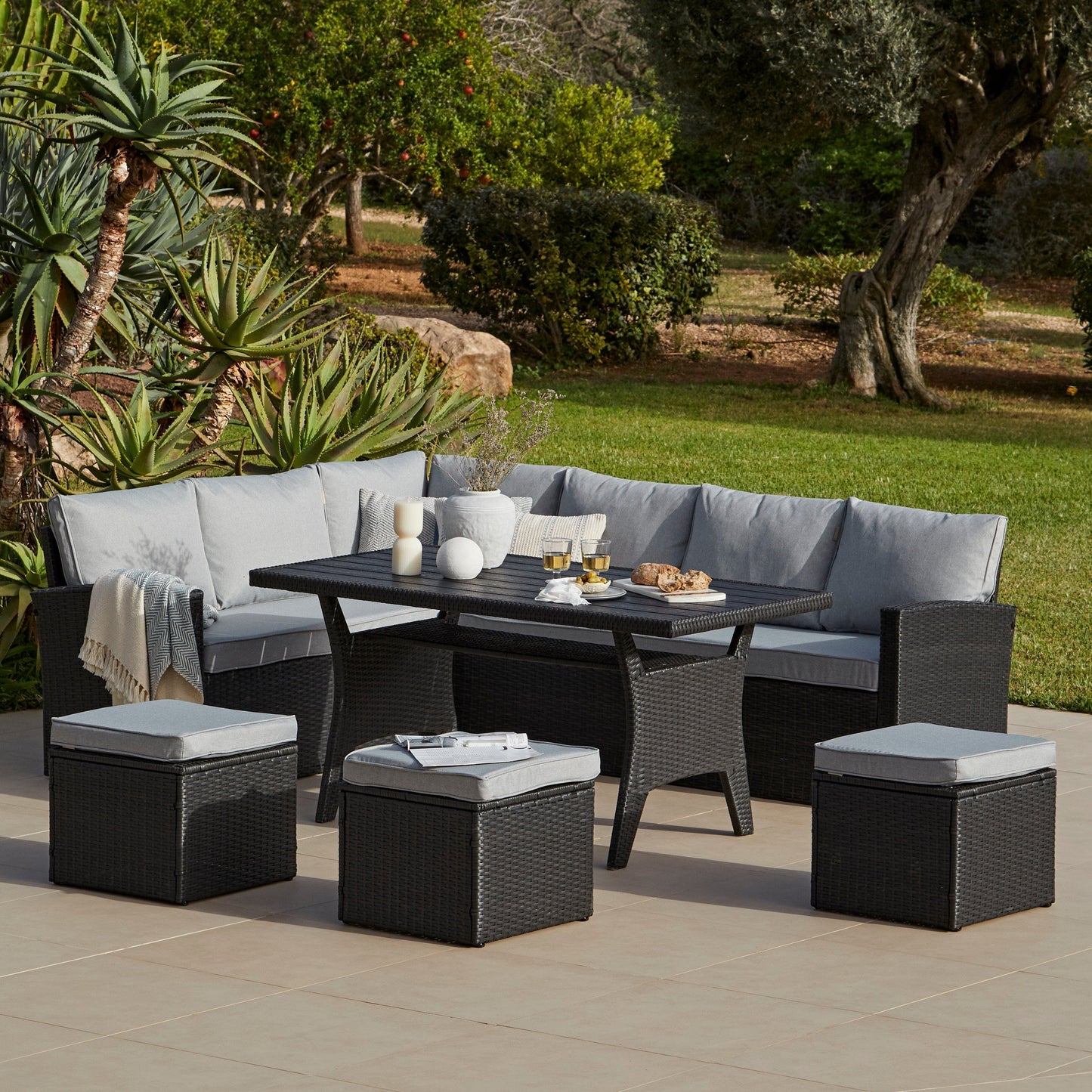 Aston 9 Seater Outdoor Sofa Dining Set with Polywood Table Top - Black - Laura James