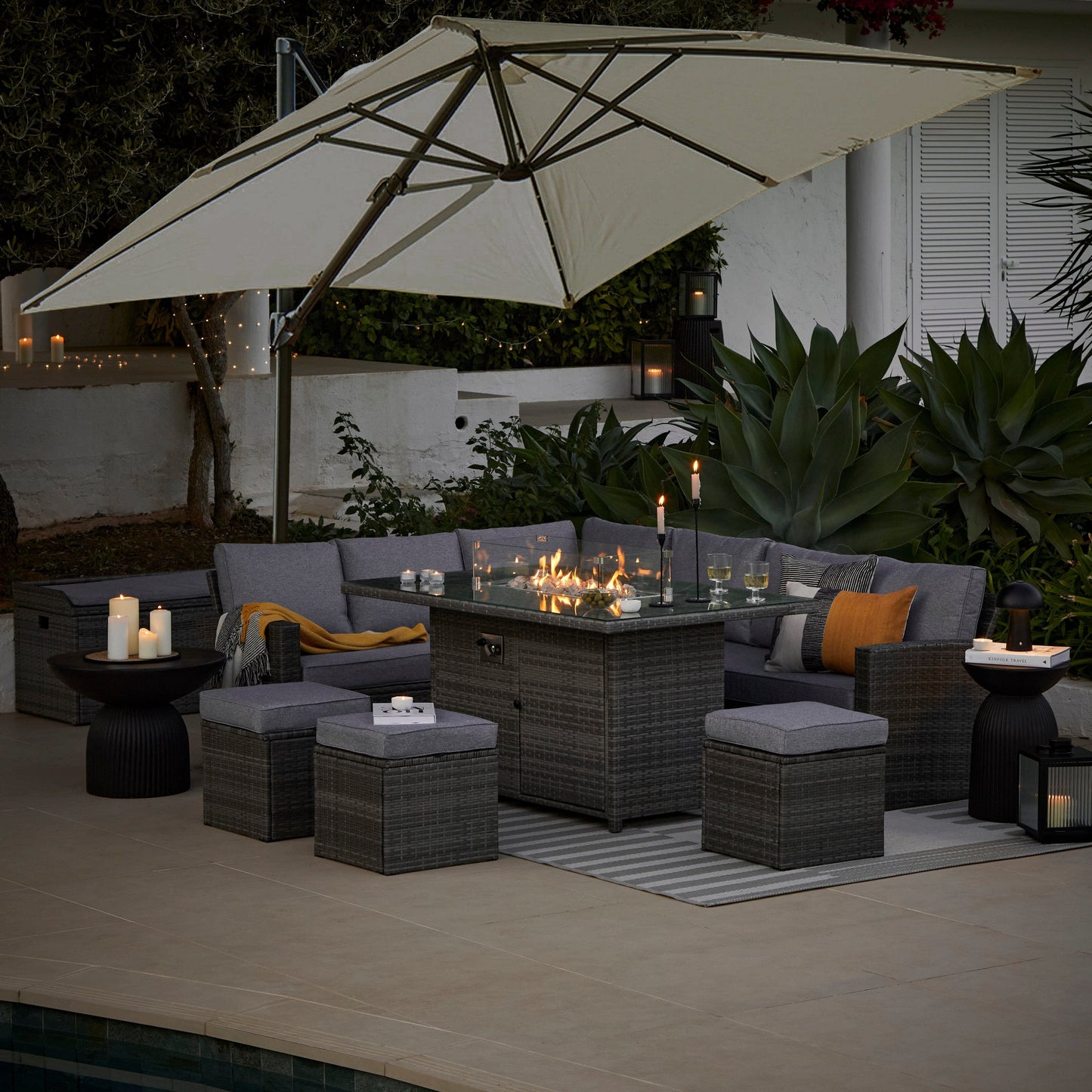 Aston 9 Seater Rattan Garden Corner Sofa Set with Cream Cantilever LED Premium Parasol - Firepit - Grey = Laura James