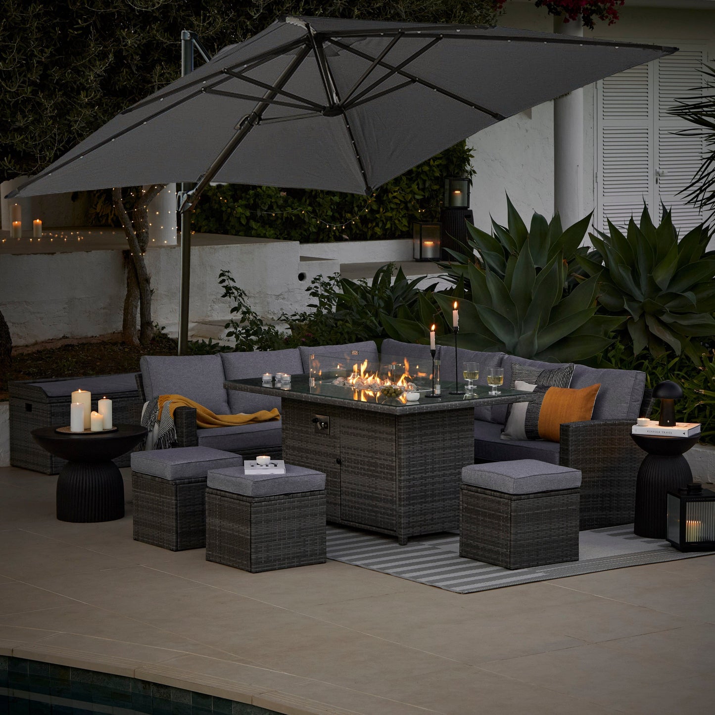 Aston 9 Seater Rattan Garden Corner Sofa Set with Grey Cantilever LED Premium Parasol - Firepit - Grey - Laura James