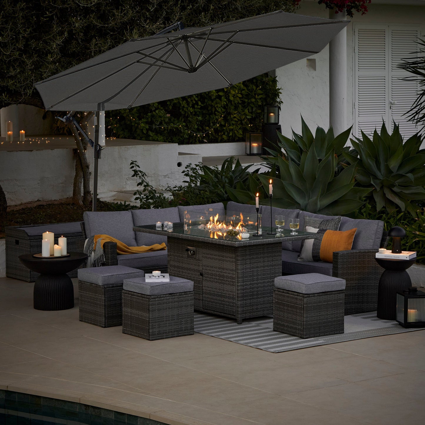 Aston 9 Seater Rattan Garden Corner Sofa Set with Grey Lean Over Parasol - Firepit - Grey - Laura James