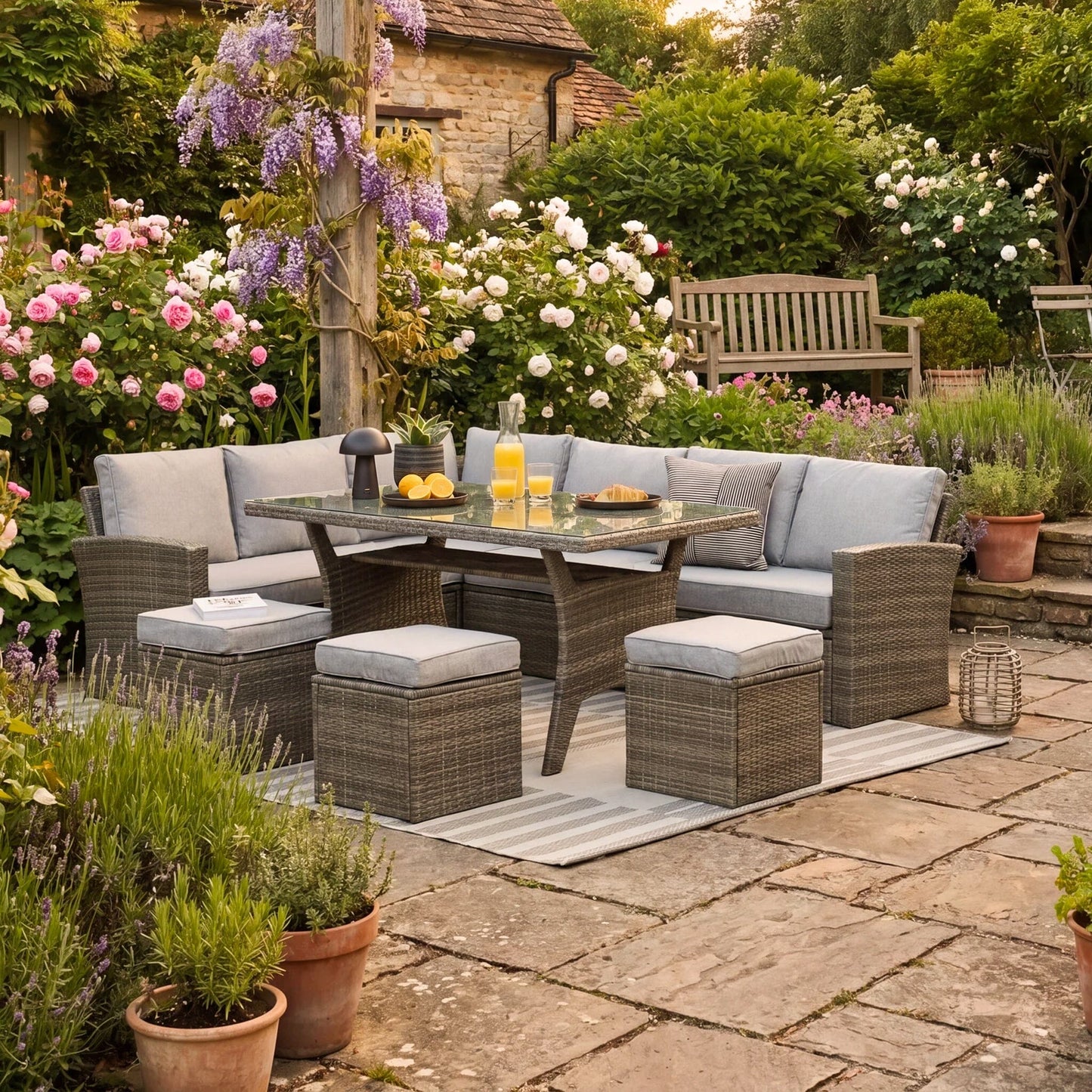 Aston 9 Seater Rattan Corner Sofa Set with Glass Table Top - Grey