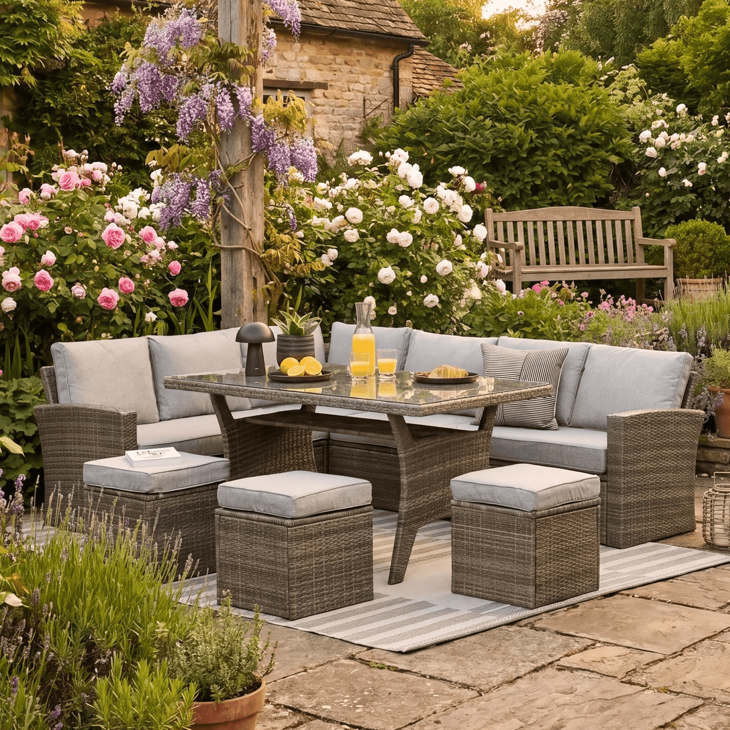 Aston 9 Seater Rattan Corner Sofa Set with Glass Table Top - Grey