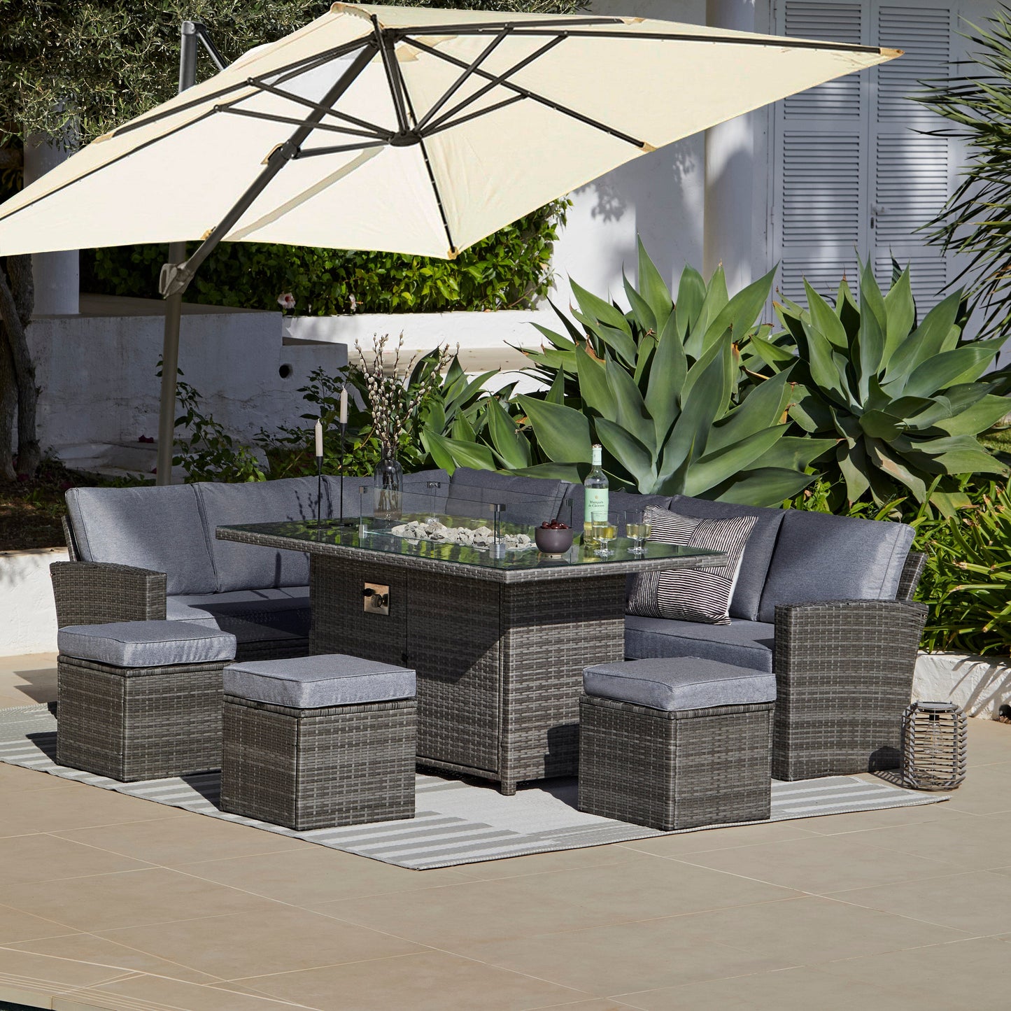 Aston 9 Seater Rattan Garden Corner Sofa Set with Cream Cantilever LED Premium Parasol - Firepit - Grey = Laura James