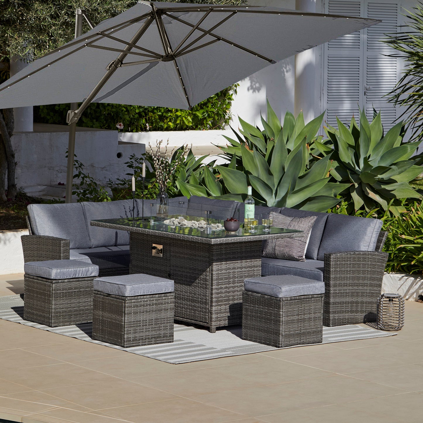 Aston 9 Seater Rattan Garden Corner Sofa Set with Grey Cantilever LED Premium Parasol - Firepit - Grey - Laura James