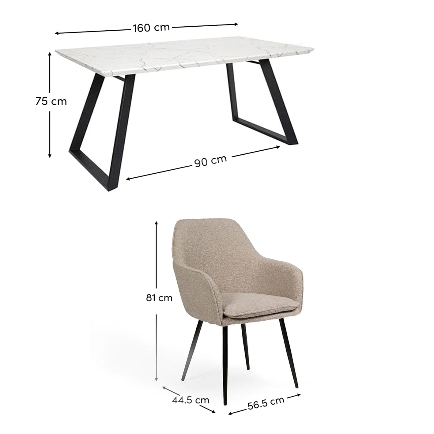 Atlas 160cm White Marble Veneer Dining Table Set - 6 Seater - Dolly Cream Boucle Armchairs with Black Legs