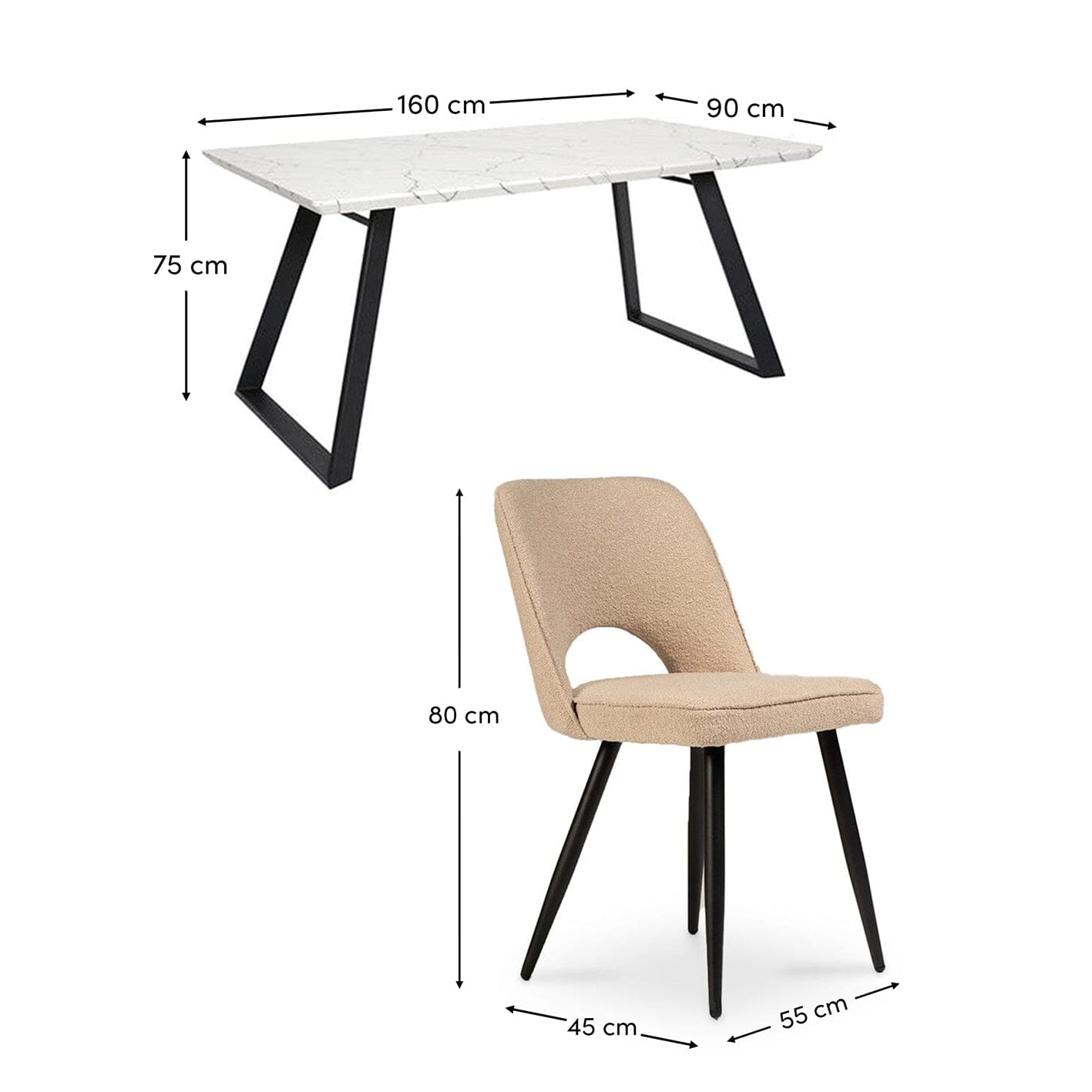 Atlas 160cm White Marble Veneer Dining Table Set - 6 Seater - Dolly Cream Boucle Dining Chairs with Black Legs - Laura James