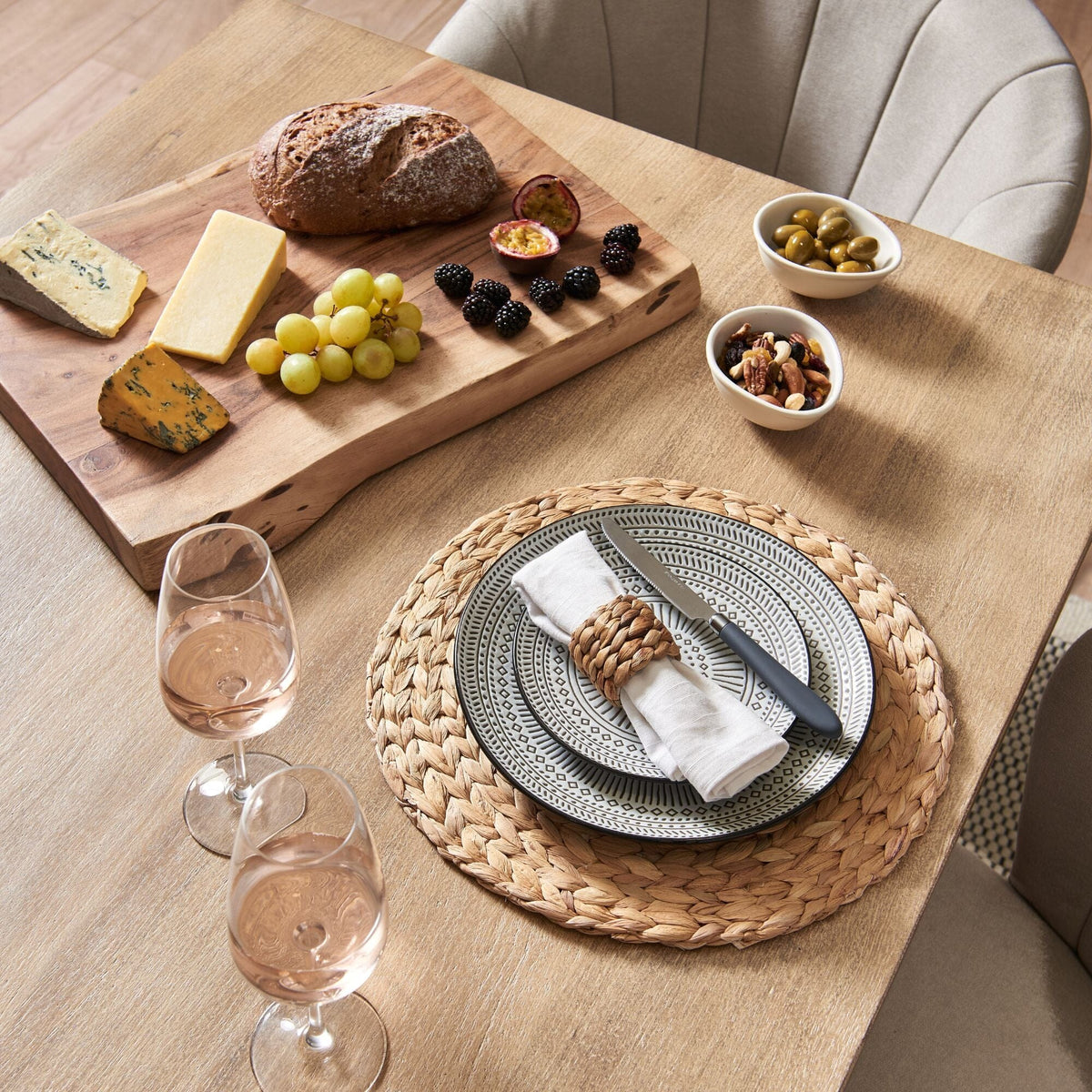 Atlas Chalked Mango Wood Dining Table - 6 Seater - Cleo Soft Beige Dining Chairs - Black Legs - Laura James