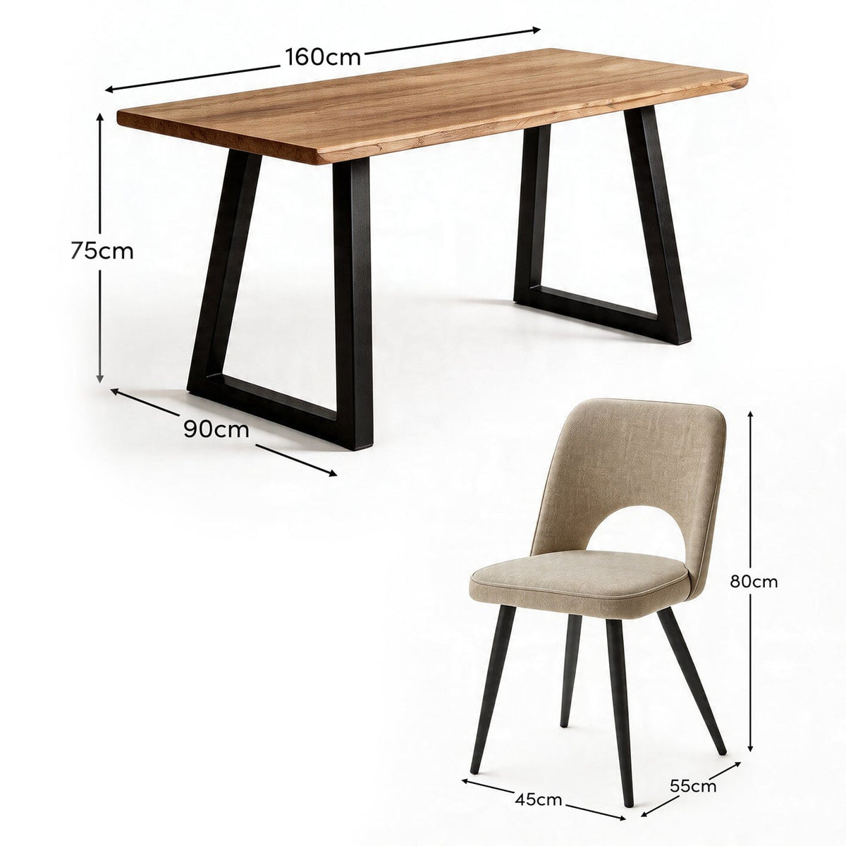 Atlas 160cm Chalked Mango Wood Dining Table Set - 6 Seater - Dolly Dining Chairs - Mink Taupe with Black Legs - Laura James