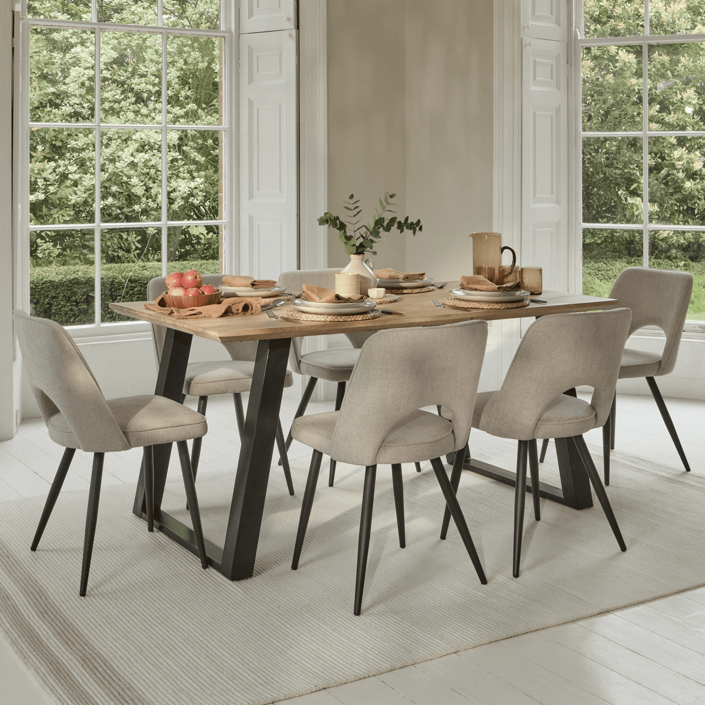 Atlas 160cm Chalked Mango Wood Dining Table Set - 6 Seater - Dolly Soft Beige Dining Chairs - Black Legs - Laura James