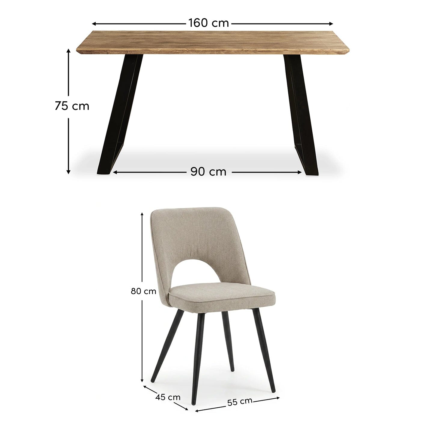 Atlas 160cm Chalked Mango Wood Dining Table Set - 6 Seater - Dolly Soft Beige Dining Chairs - Black Legs - Laura James