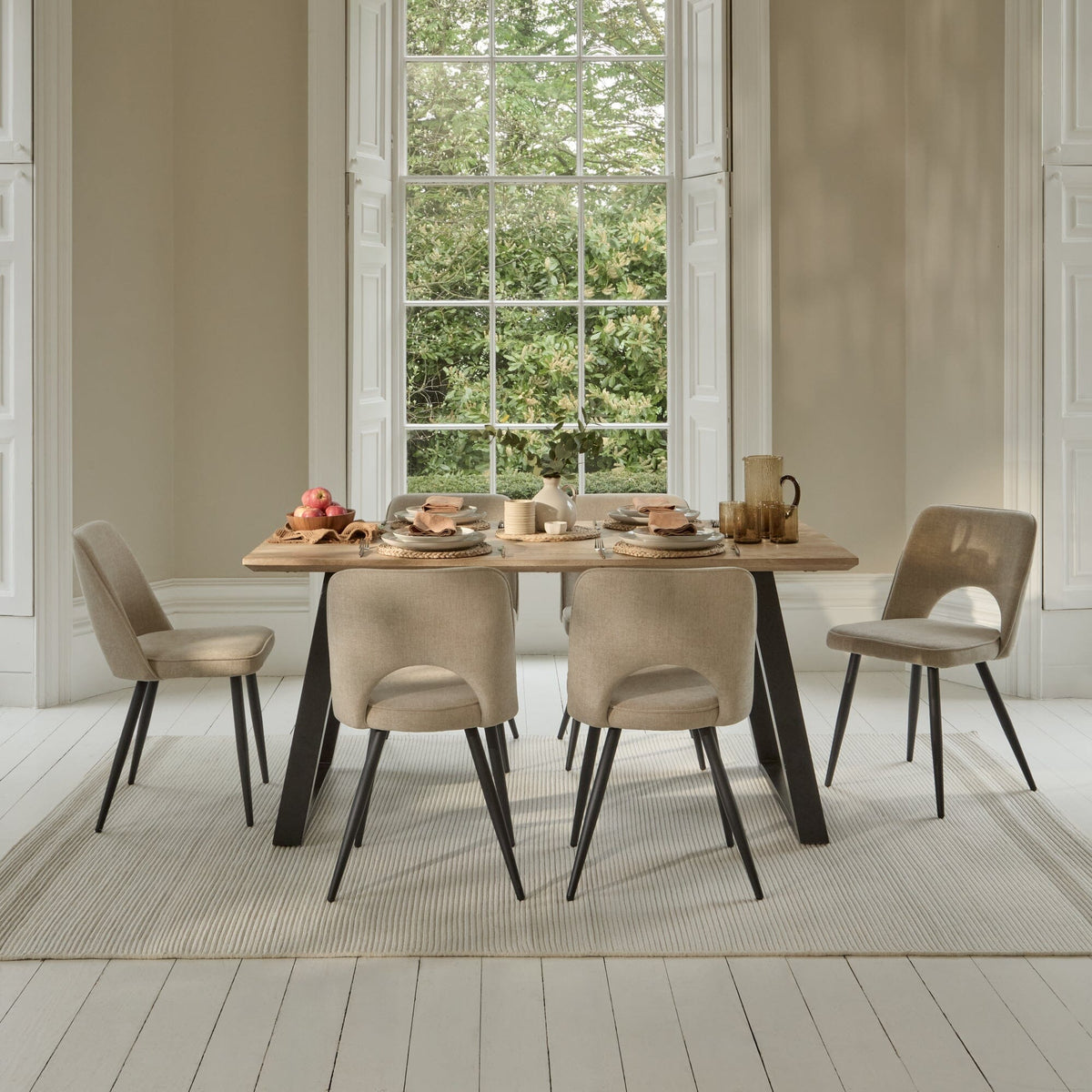 Atlas 160cm Chalked Mango Wood Dining Table Set - 6 Seater - Dolly Dining Chairs - Mink Taupe with Black Legs - Laura James