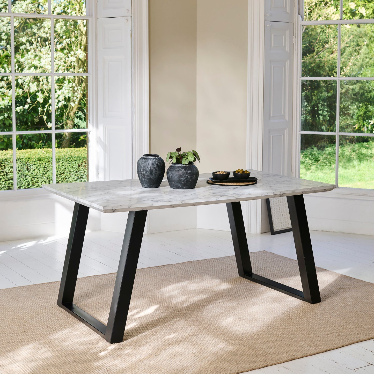 Atlas White Marble Dining Table - Black Metal Legs - Laura James