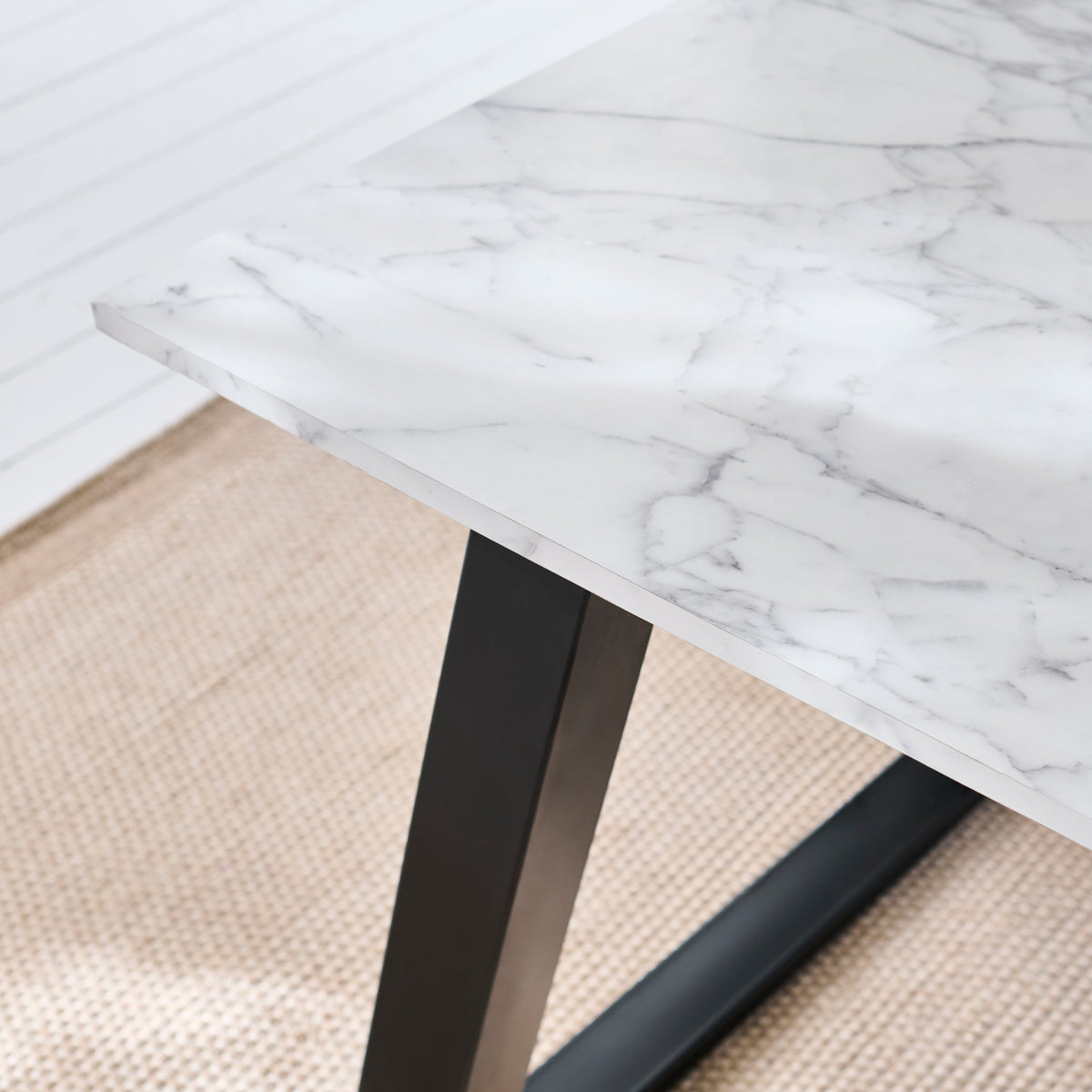 Atlas White Marble Dining Table - Black Metal Legs - Laura James