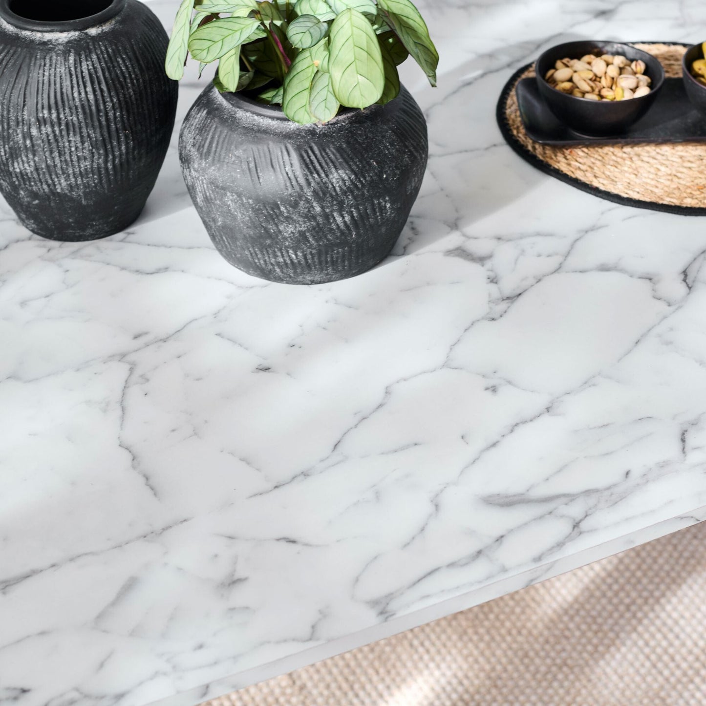 Atlas White Marble Dining Table - Black Metal Legs - Laura James