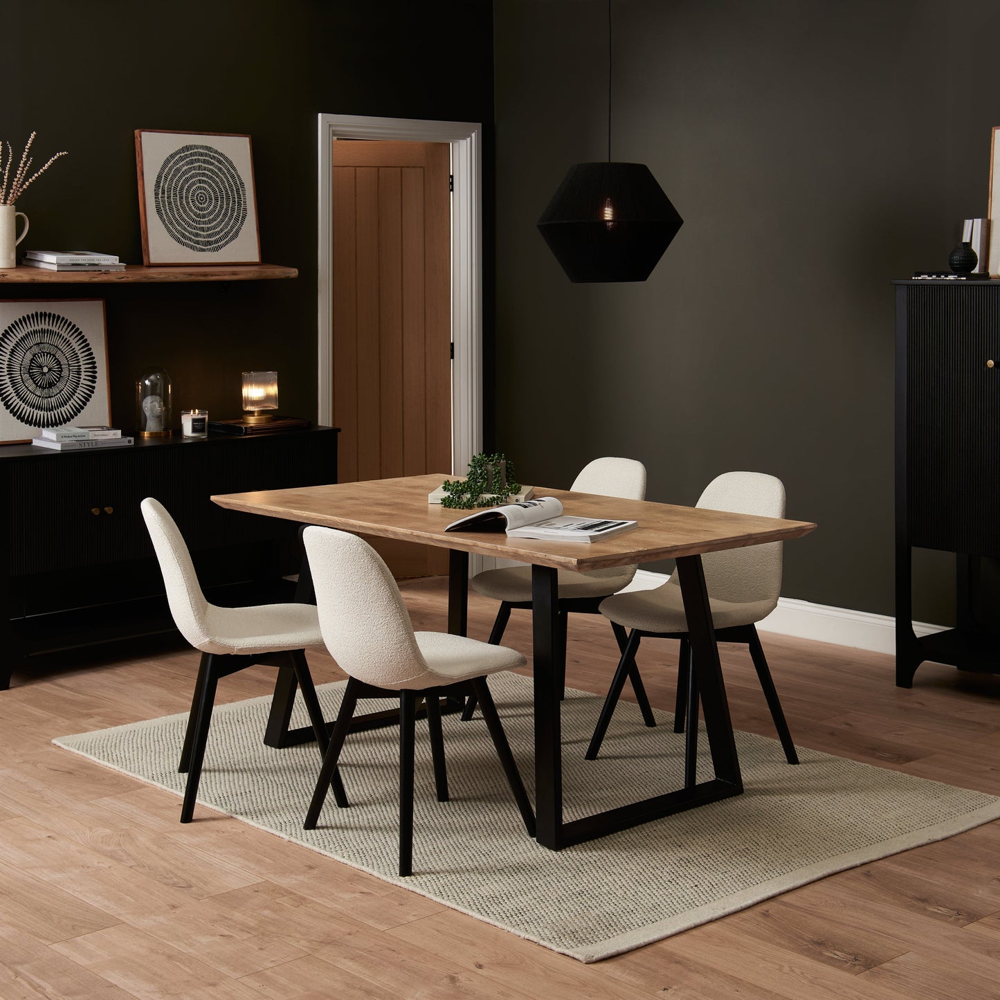Atlas Chalked Mango Wood Dining Table Set - 6 Seater - Ellis Dining Chairs - Black Oak Legs - Laura James