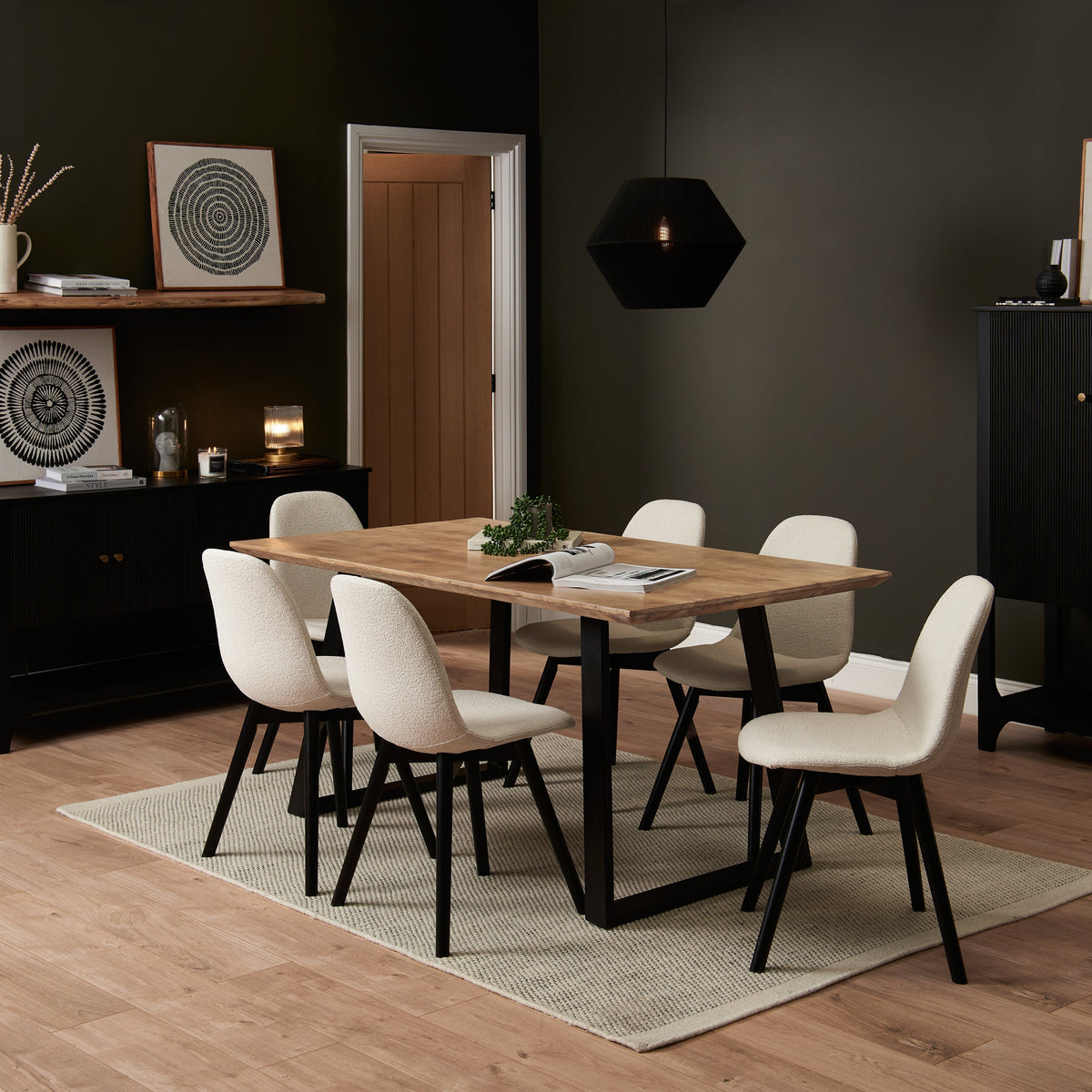 Atlas Chalked Mango Wood Dining Table Set - 6 Seater - Ellis Dining Chairs - Black Oak Legs - Laura James
