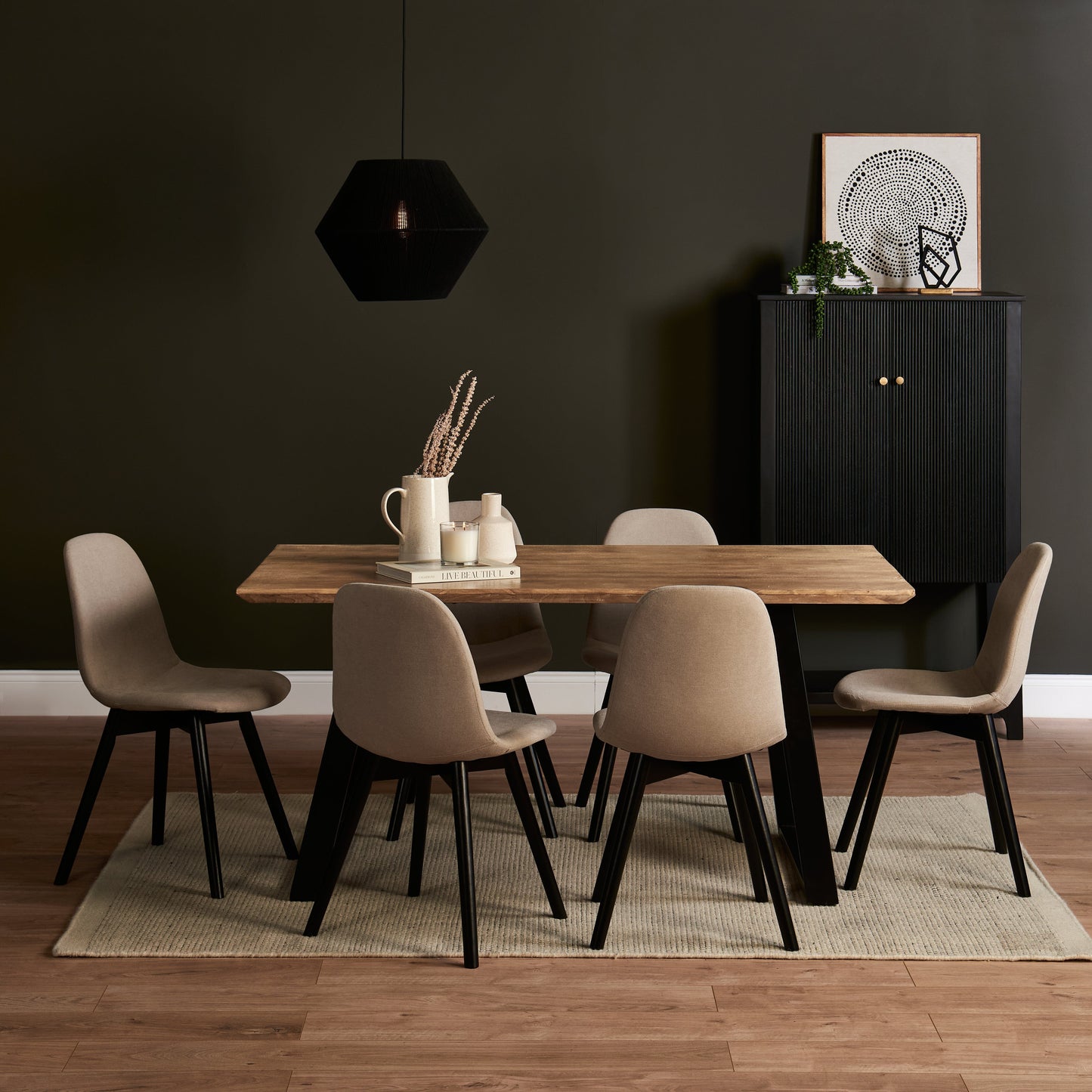 Atlas Chalked Mango Wood Dining Table Set - 6 Seater - Ellis Dining Chairs - Black Oak Legs - Laura James