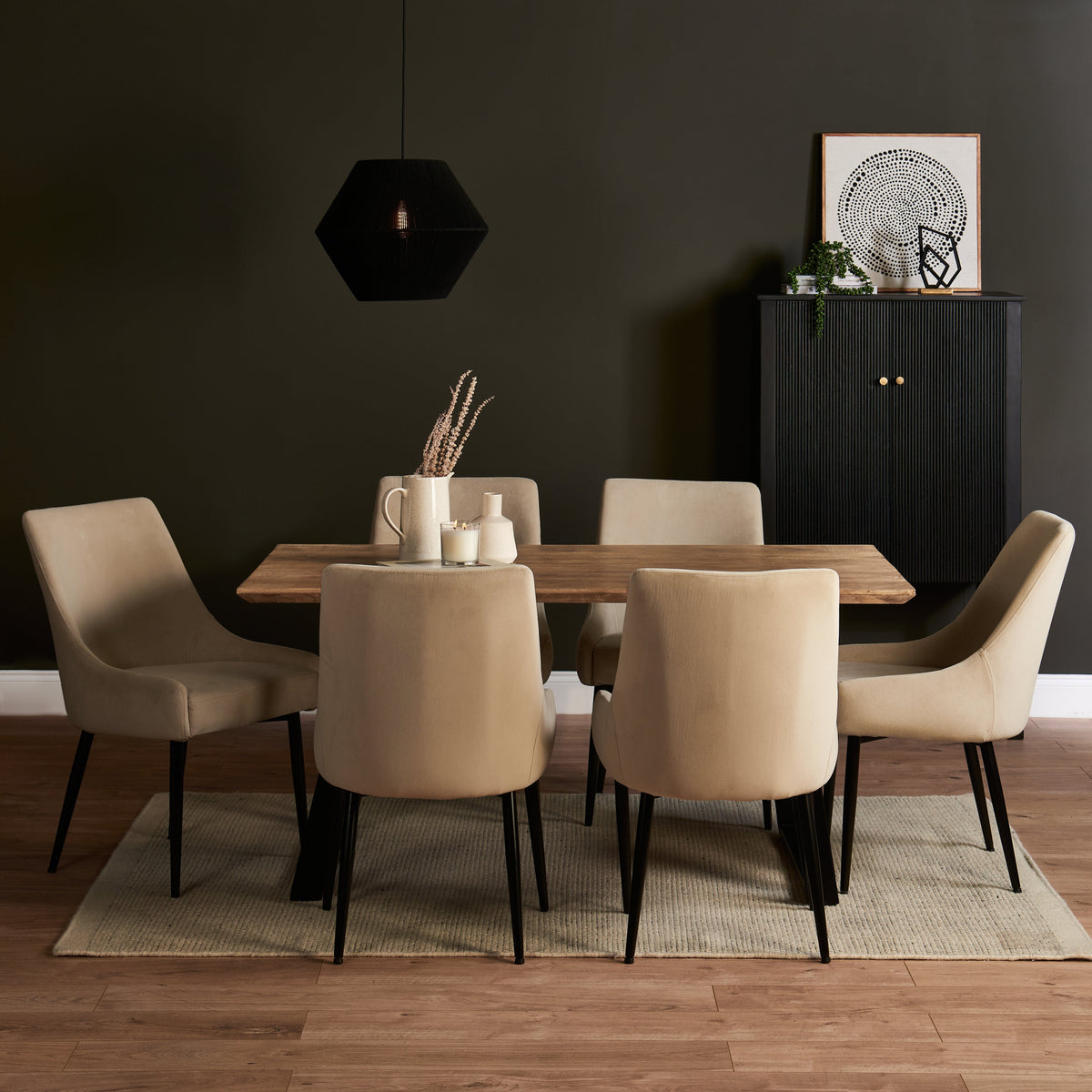 Atlas Chalked Mango Wood Dining Table Set - 6 Seater - Maeve Dining Chairs - Black Oak Legs - Laura James