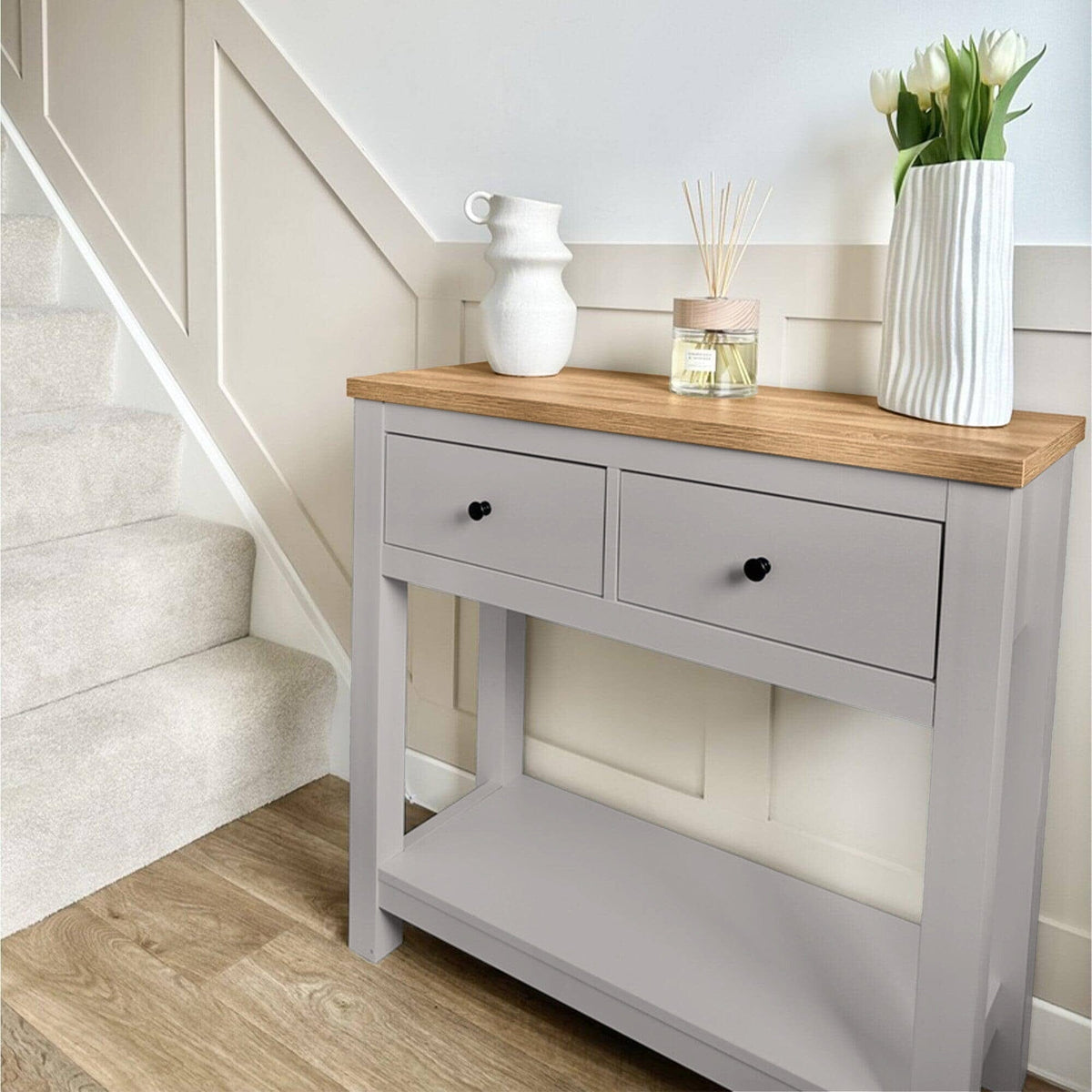 Bampton Stone Grey 2 Drawer Console Table - Laura James