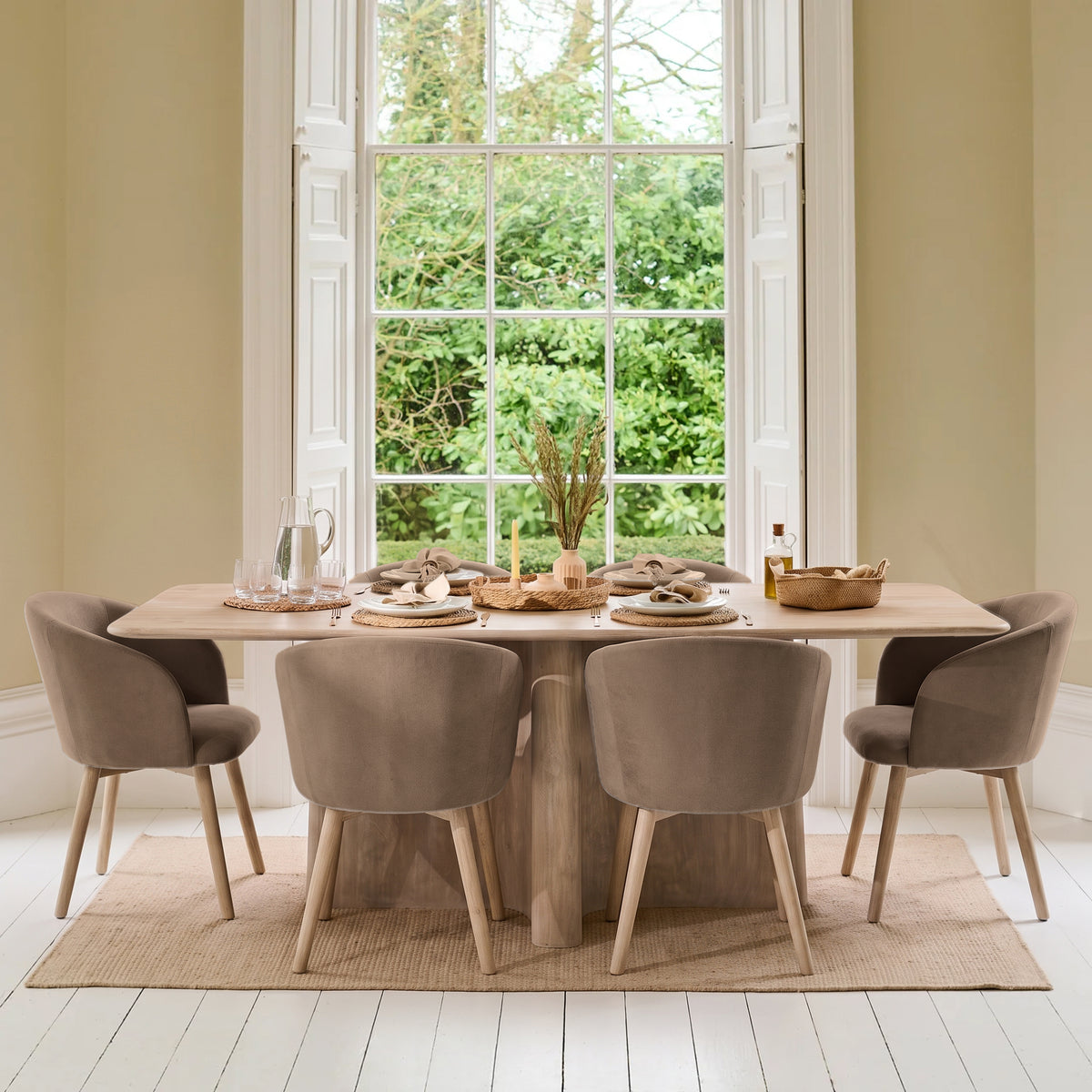 Bastian 220cm Limewash Dining Table Set - 6 Seater - Archer Natural Brown Dining Chairs - Whitewash Legs - Laura James