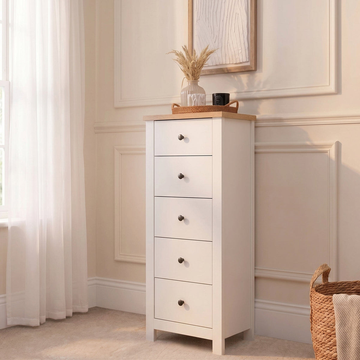 Bampton 5 Drawer Tallboy - Alabaster White - Laura James