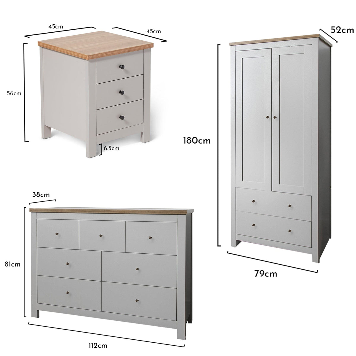 New - Bampton 3 Piece Bedroom Set - 3 Over 4 Chest of Drawers - Stone Grey