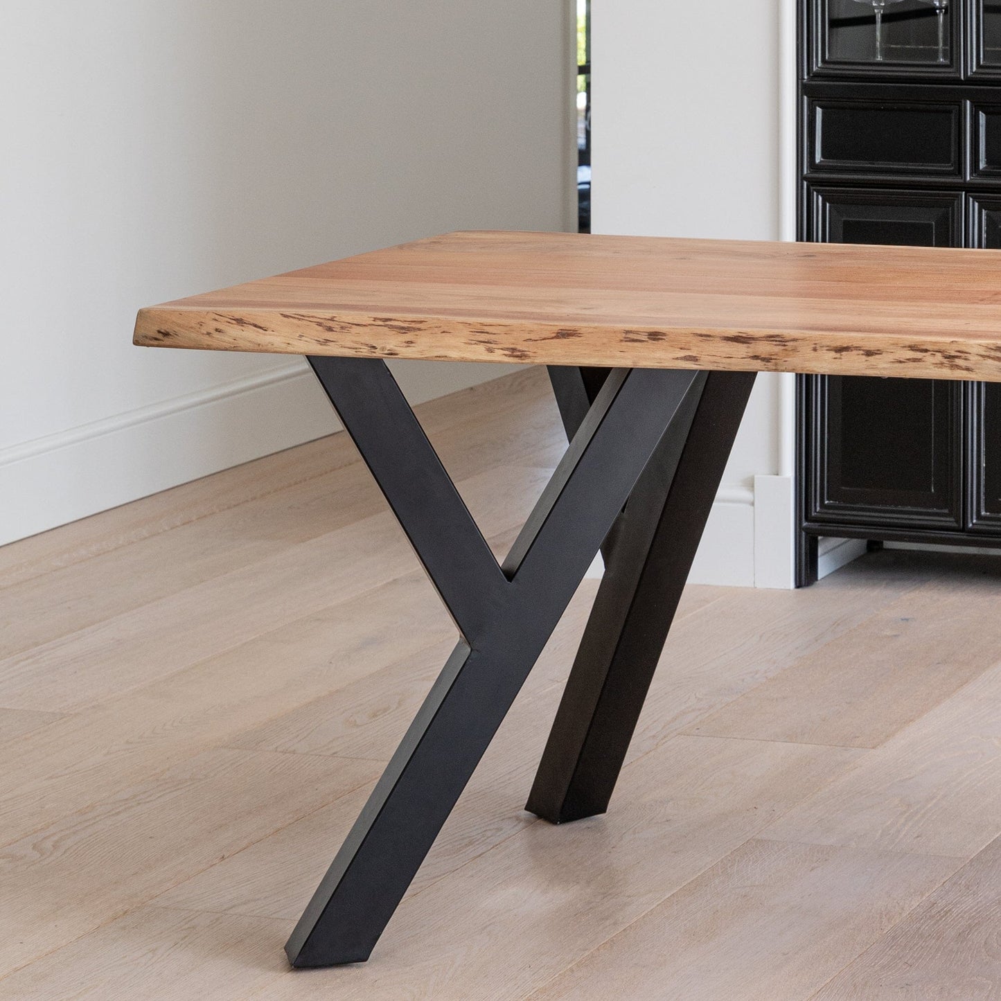 Bosco Acacia Wood Dining Table Set - 6 Seater - Bosco Dining Benches - Black Legs