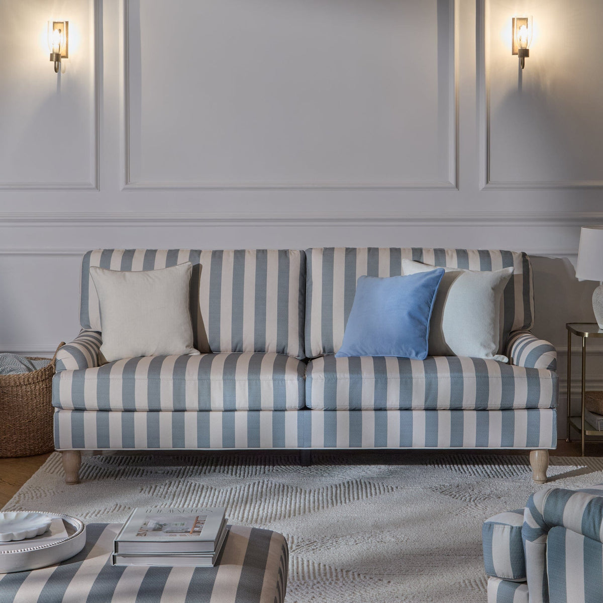 Brea Footstool - Blue Stripe with Whitewash Legs - Laura James - Laura James
