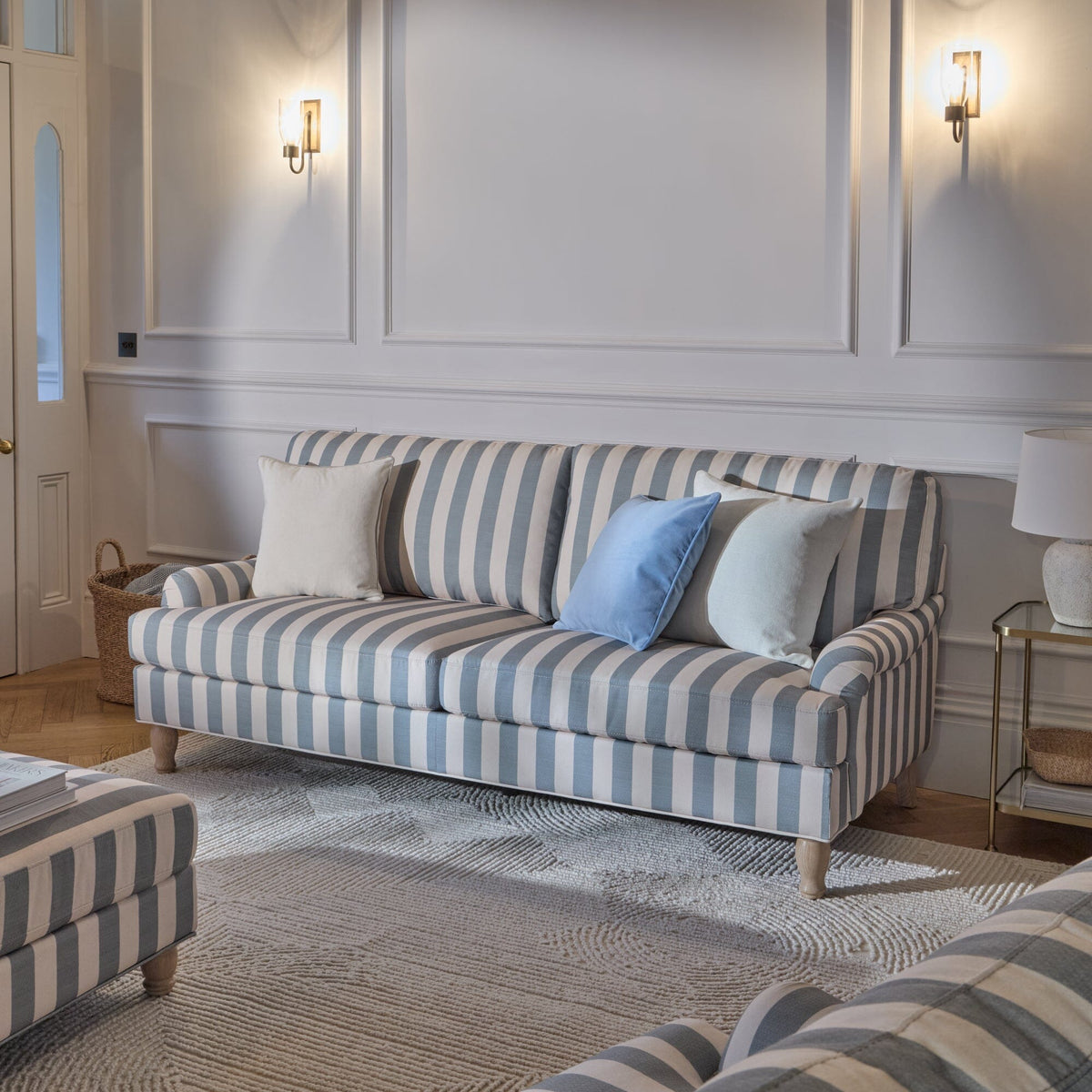 Brea Footstool - Blue Stripe with Whitewash Legs - Laura James - Laura James